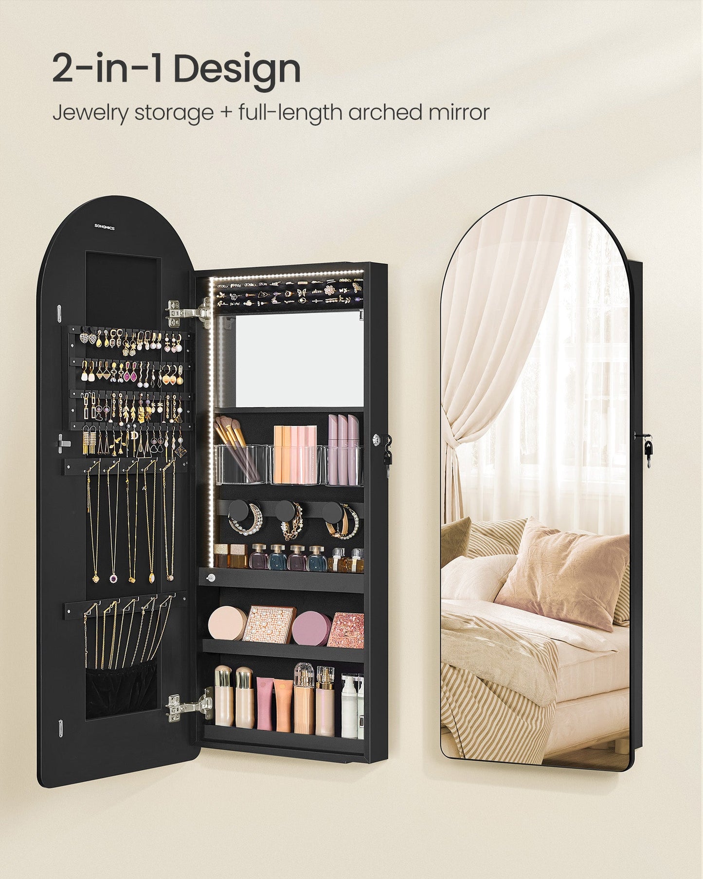 Wide LED Jewelry Cabinet Wall/Door Mounted