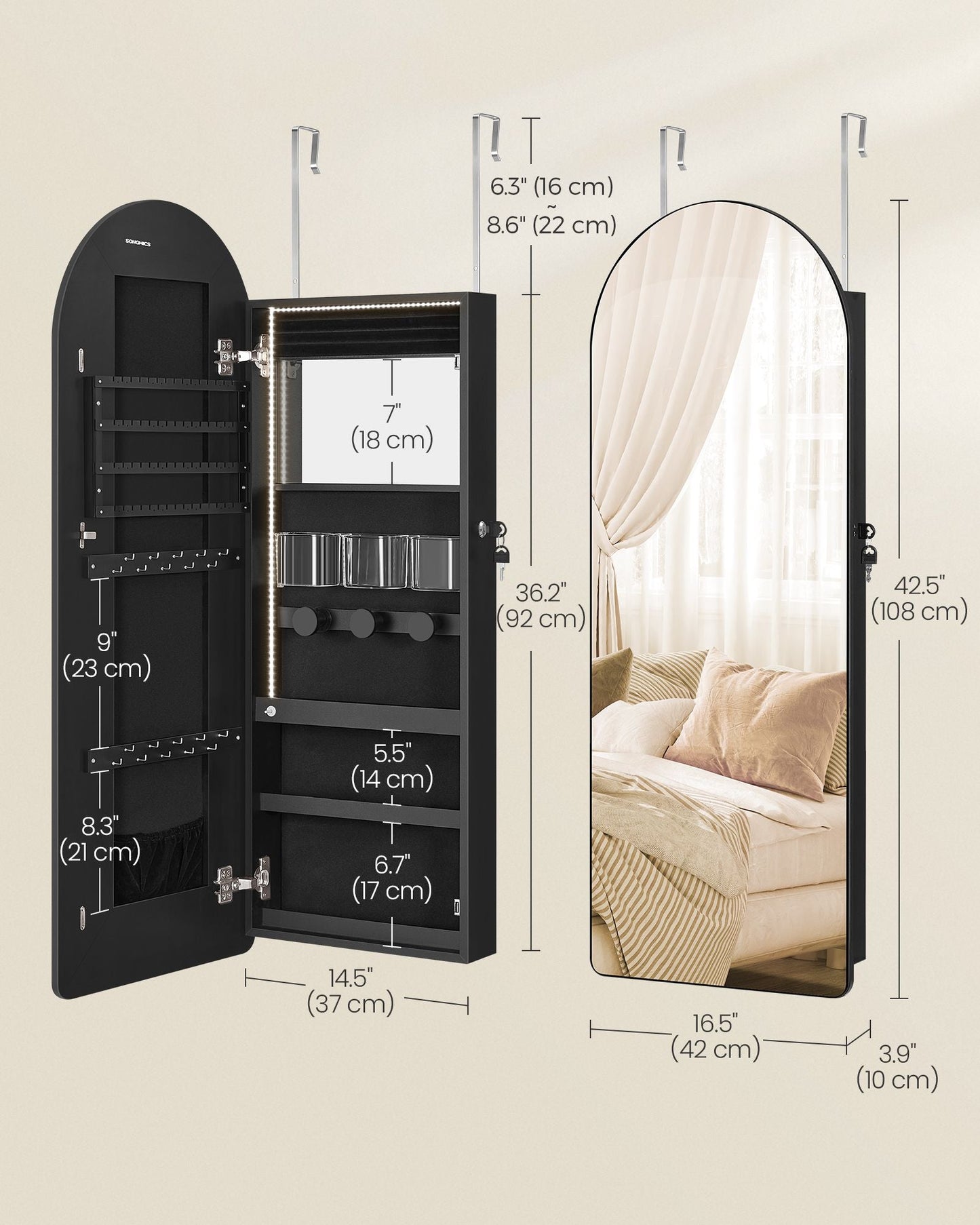 Wide LED Jewelry Cabinet Wall/Door Mounted