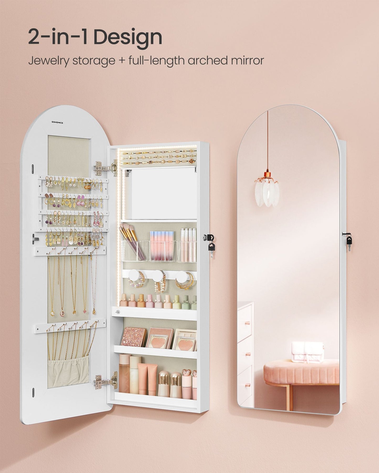 Wide LED Jewelry Cabinet Wall/Door Mounted