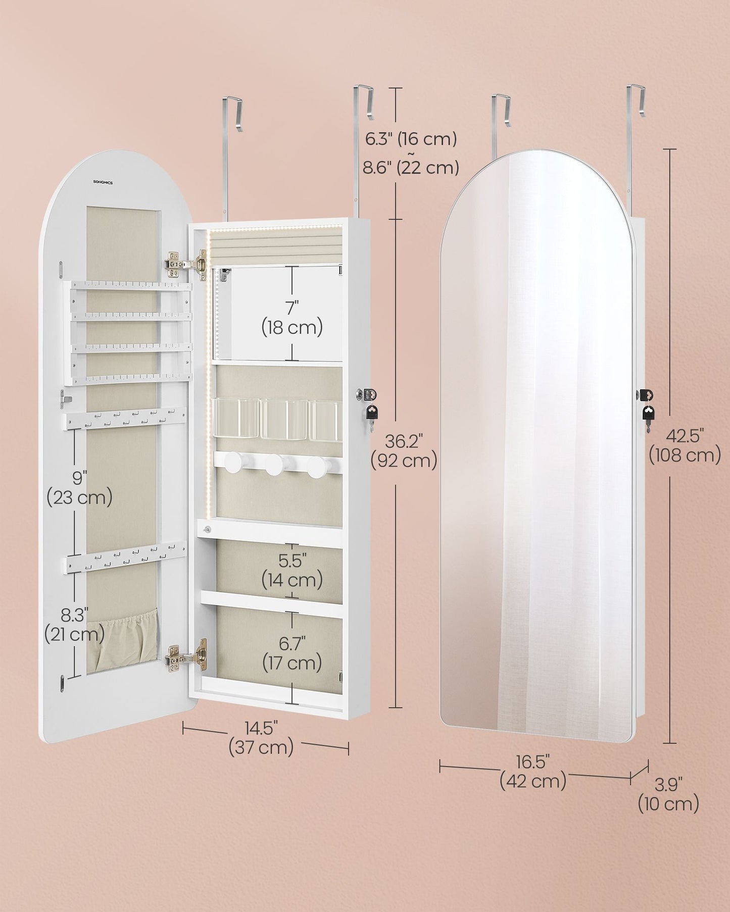 Wide LED Jewelry Cabinet Wall/Door Mounted