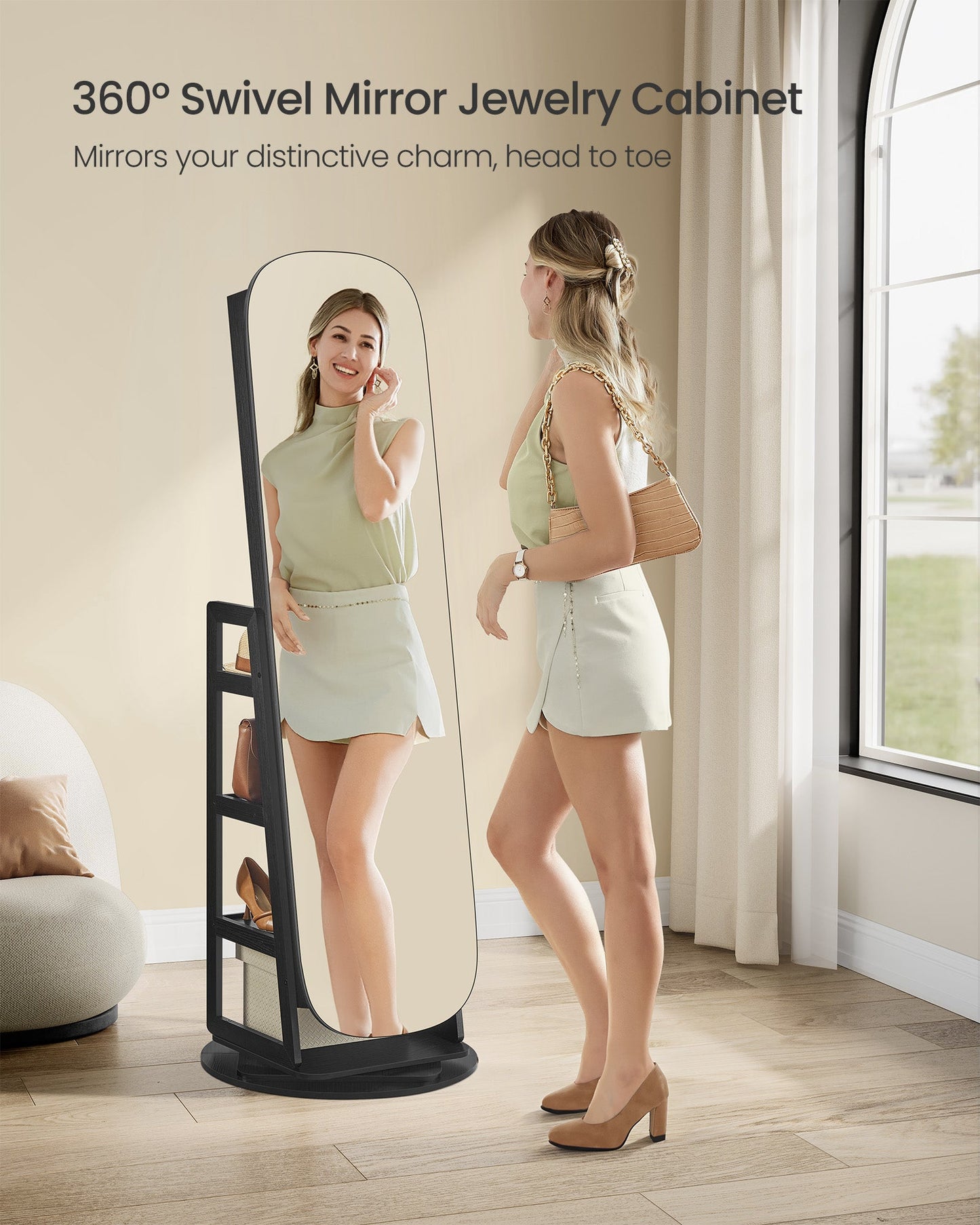 Rounded Wide Full-Length Mirror with Storage Shelves