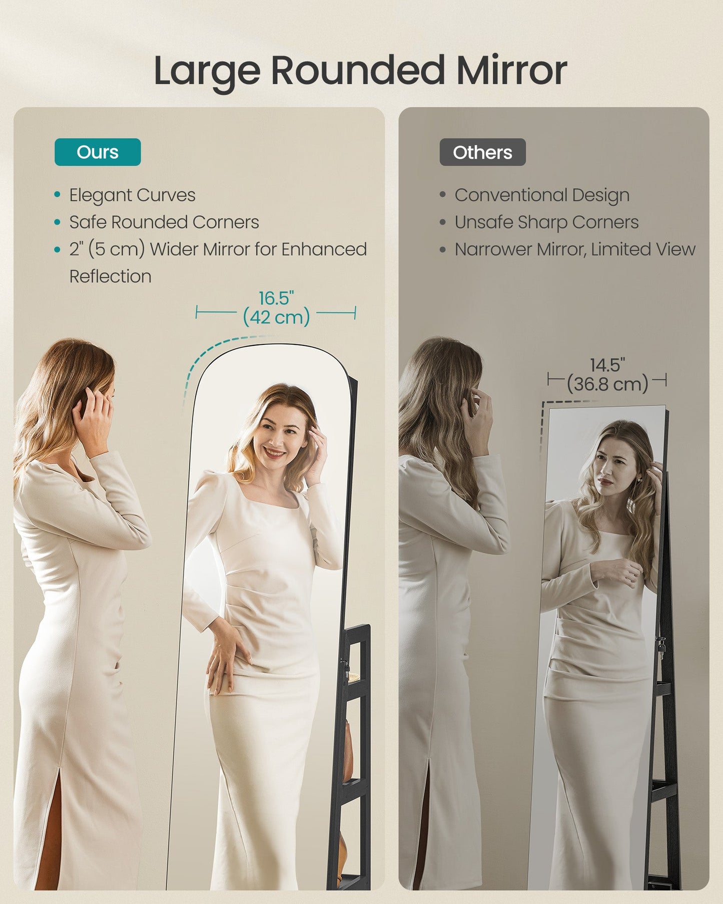 Rounded Wide Full-Length Mirror with Storage Shelves