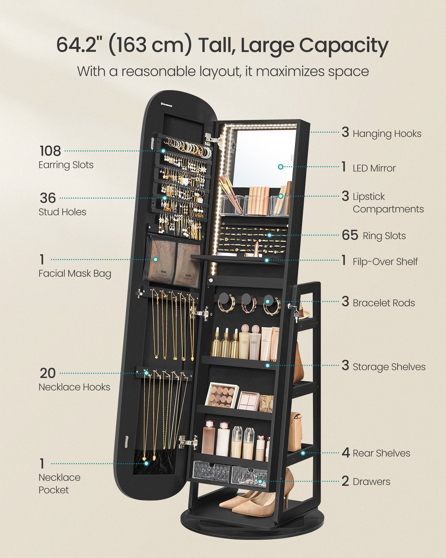 Rounded Wide Full-Length Mirror with Storage Shelves