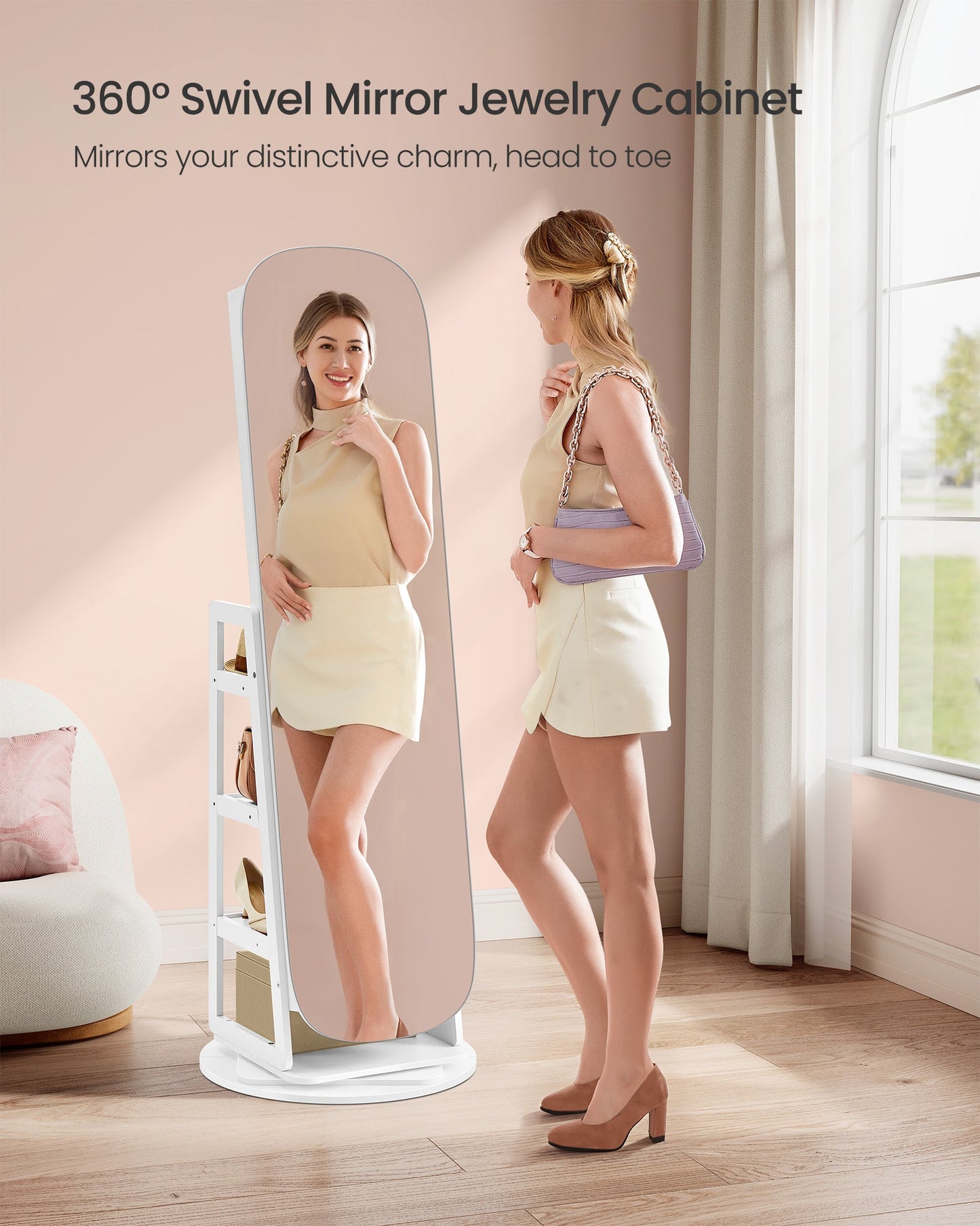 Rounded Wide Full-Length Mirror with Storage Shelves