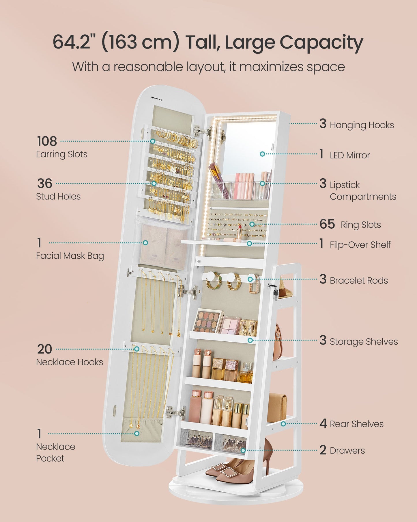 Rounded Wide Full-Length Mirror with Storage Shelves