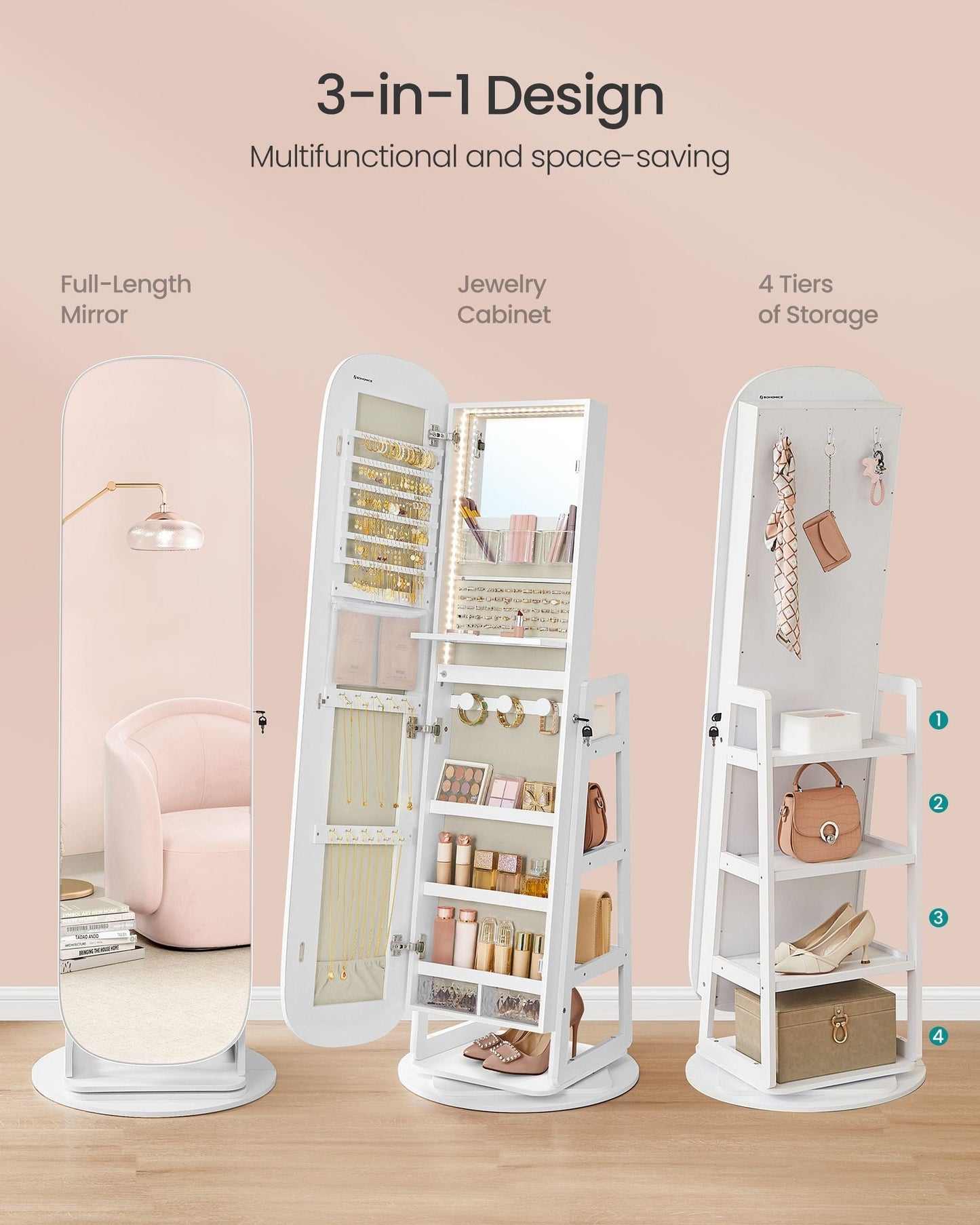 Rounded Wide Full-Length Mirror with Storage Shelves