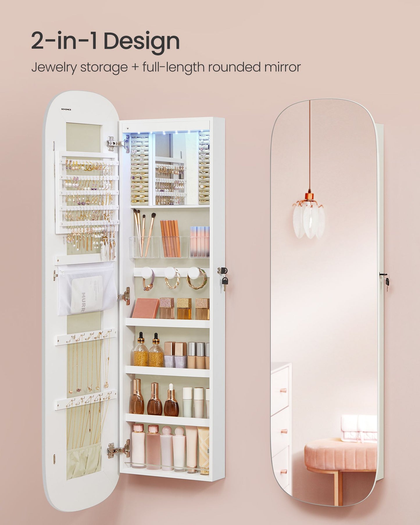 Jewelry Organizer, LED Jewelry Cabinet Wall/Door Mounted, 3.9 x 16.5 x 55 Inches, White Surface with Greige Lining