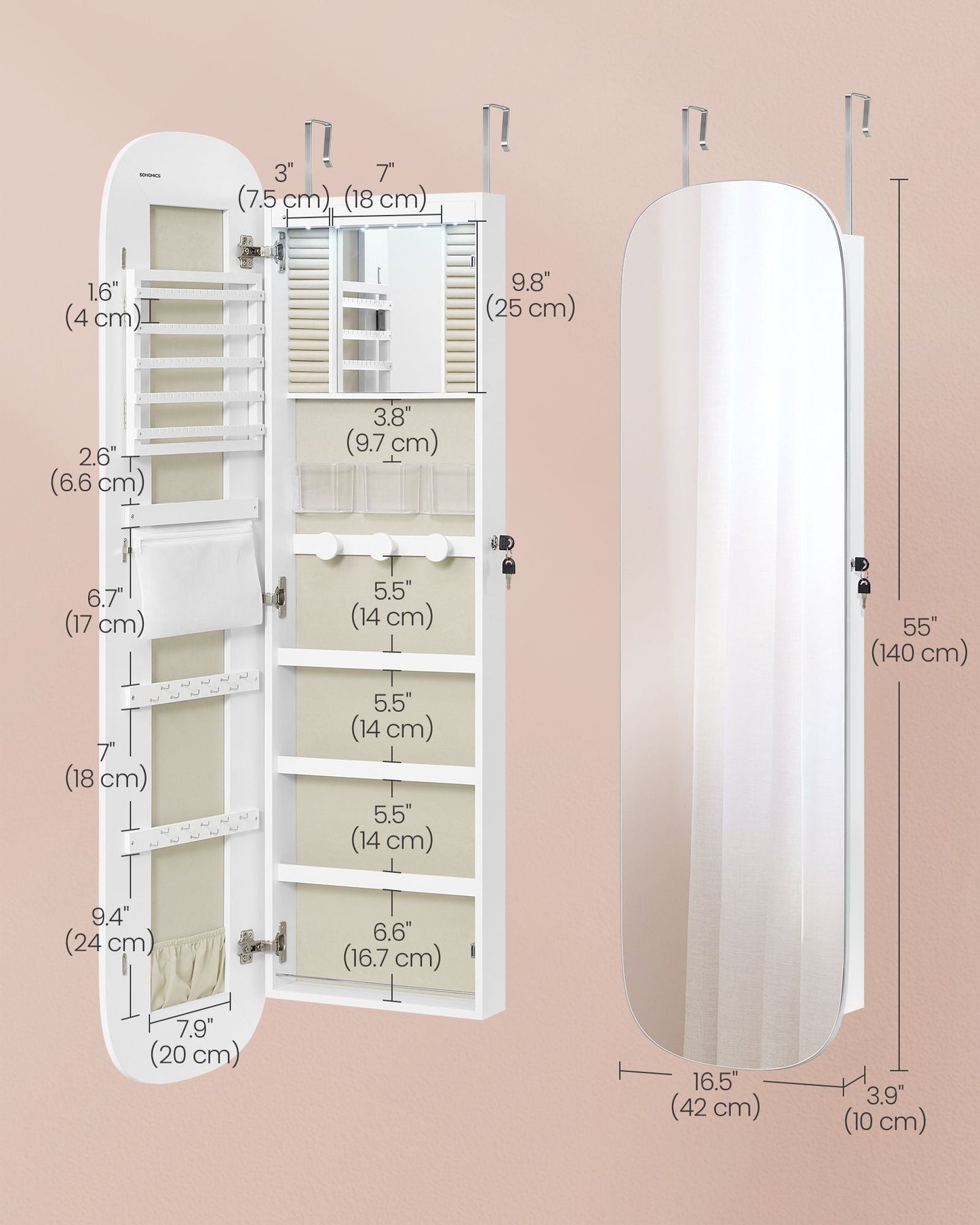 Jewelry Organizer, LED Jewelry Cabinet Wall/Door Mounted, 3.9 x 16.5 x 55 Inches, White Surface with Greige Lining