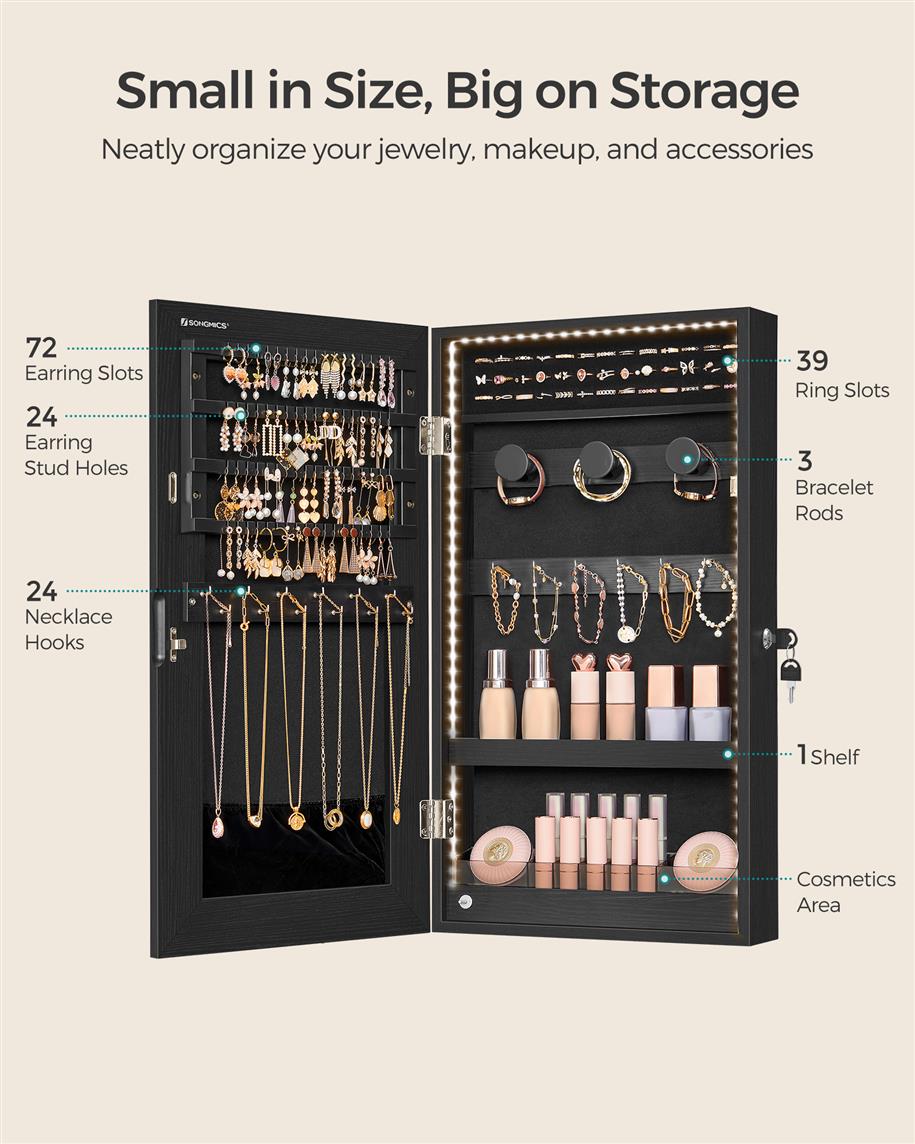 Mirror Jewelry Cabinet Armoire with Built-in LED Lights