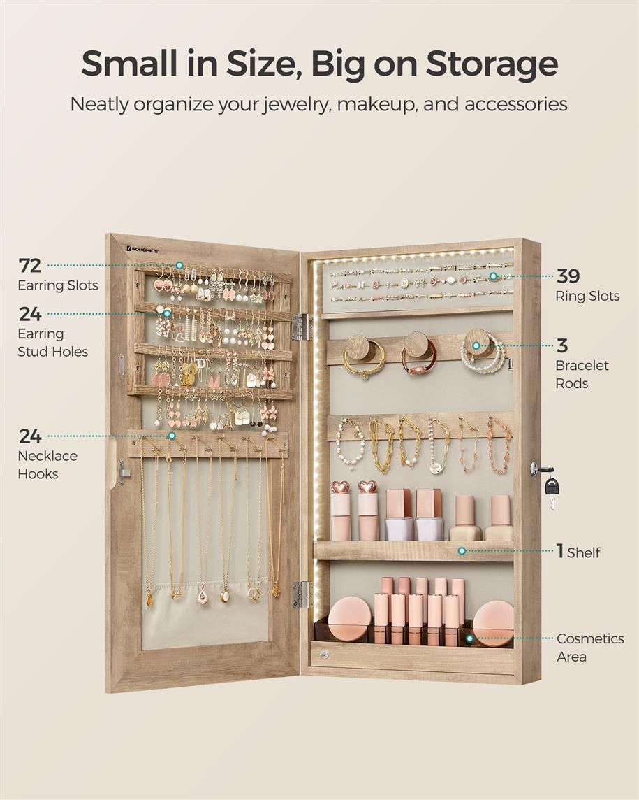 Mirror Jewelry Cabinet Armoire with Built-in LED Lights