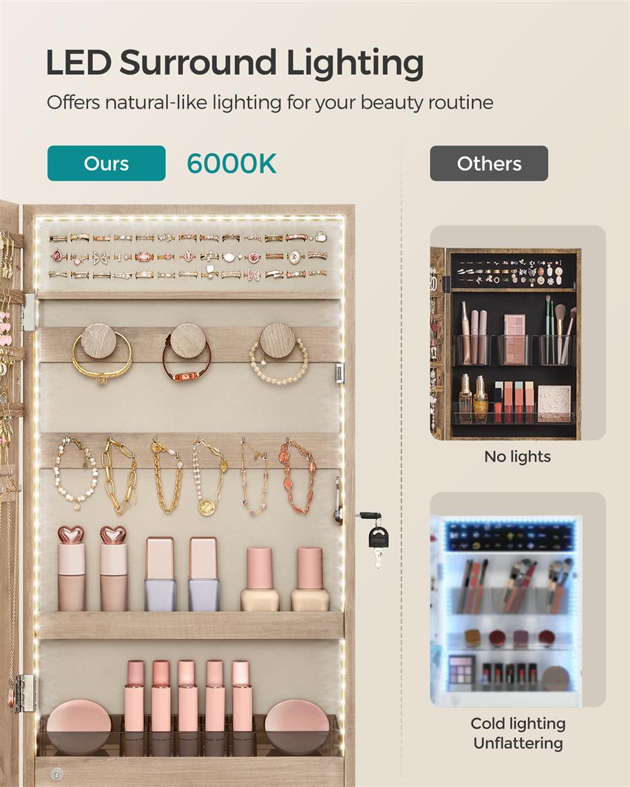 Mirror Jewelry Cabinet Armoire with Built-in LED Lights