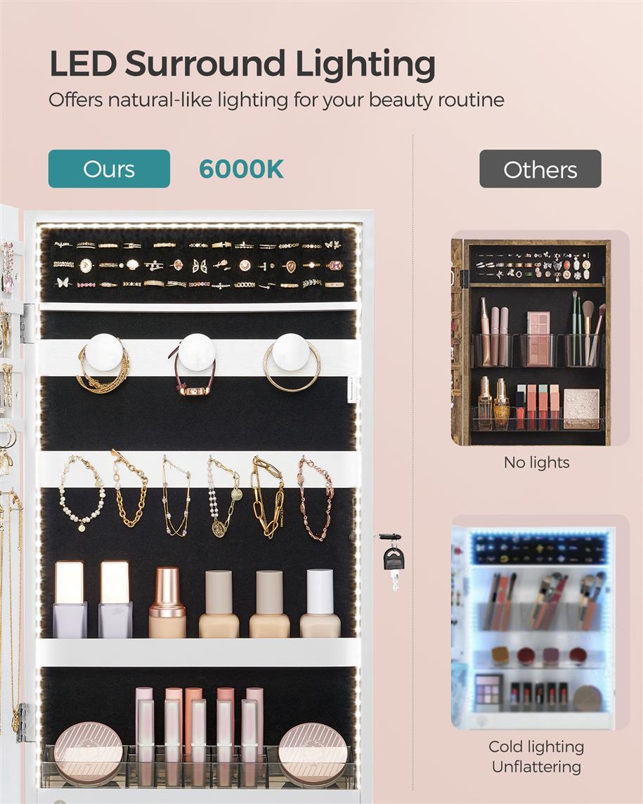 Mirror Jewelry Cabinet Armoire with Built-in LED Lights