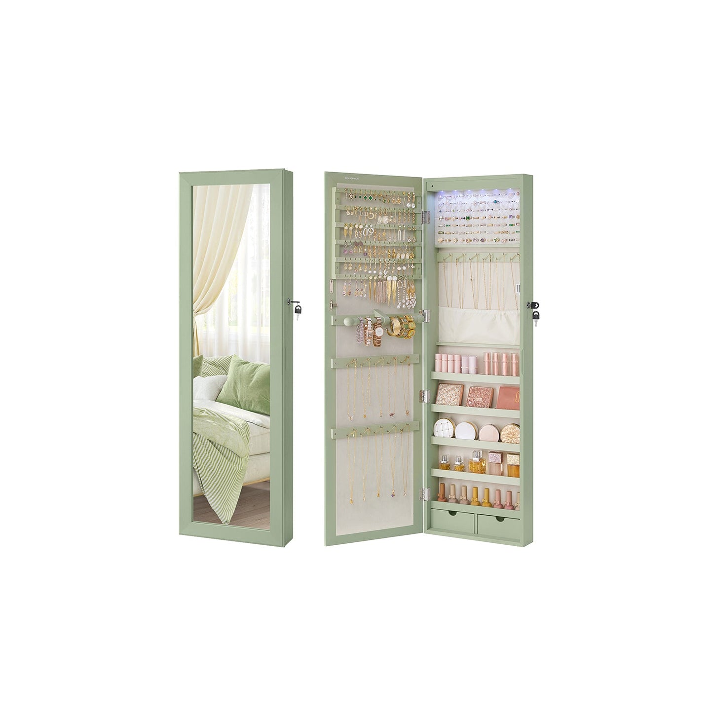 Lockable Wall or Door Mounted Jewelry Armoire Organizer with Mirror