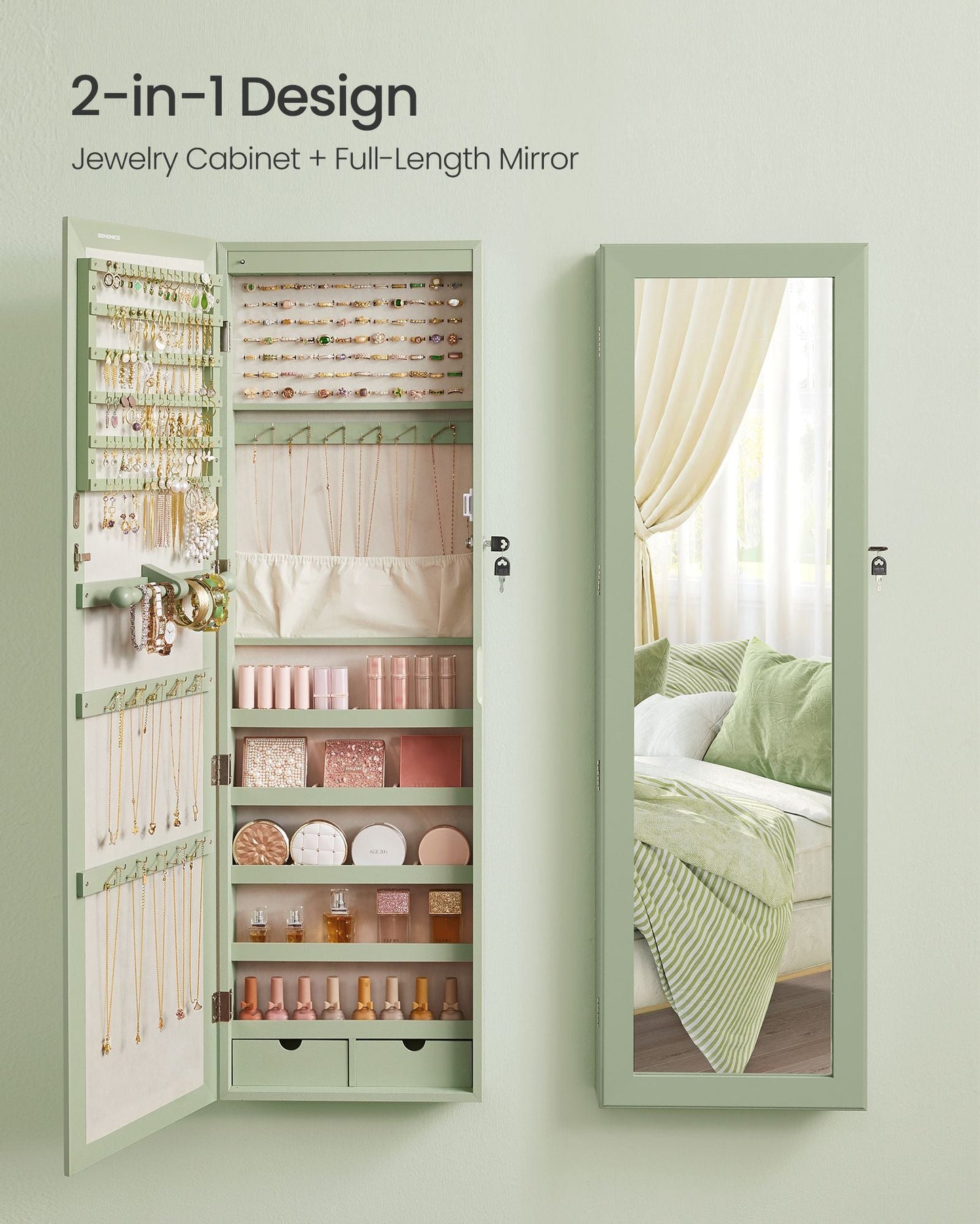 Lockable Wall or Door Mounted Jewelry Armoire Organizer with Mirror