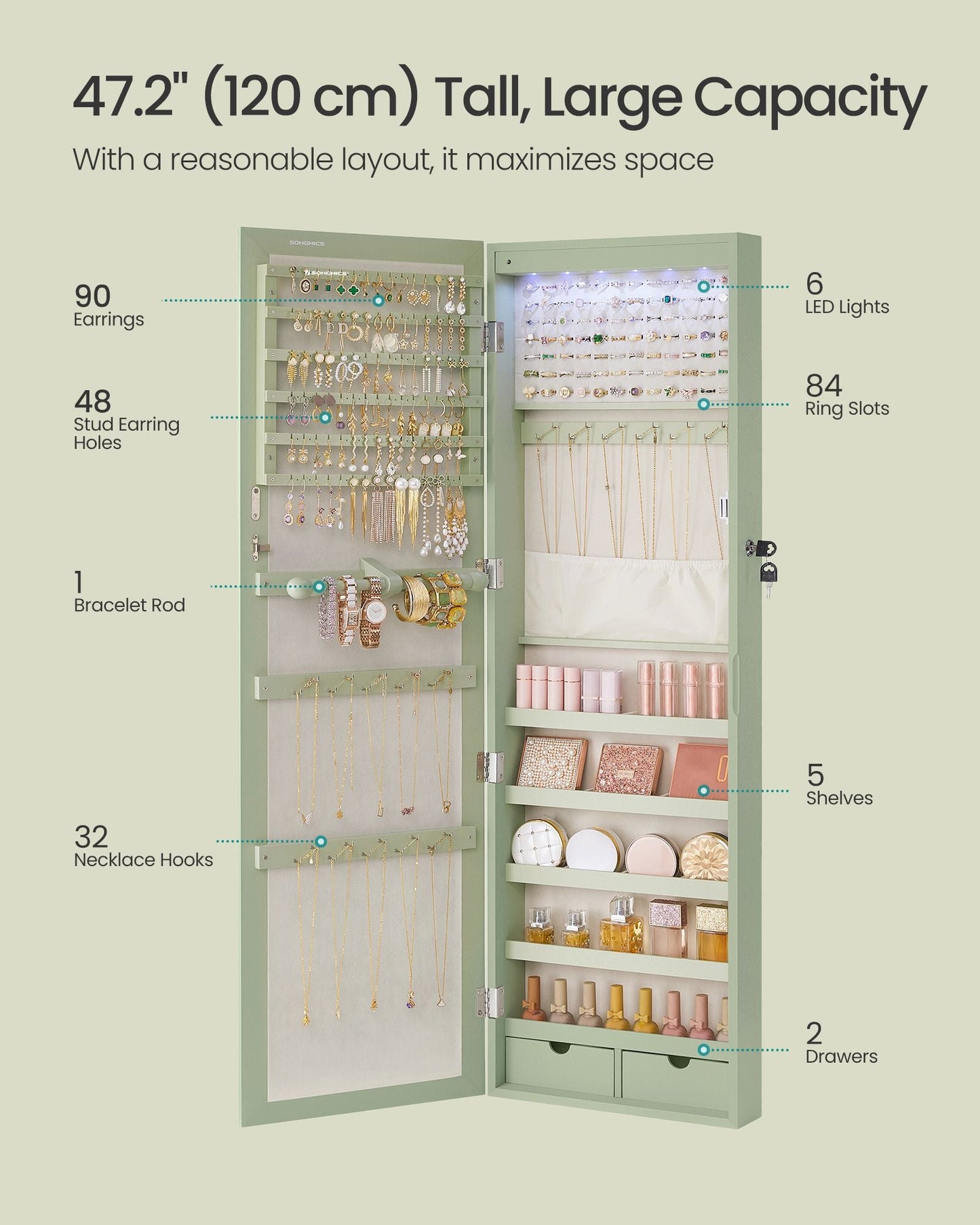 Lockable Wall or Door Mounted Jewelry Armoire Organizer with Mirror