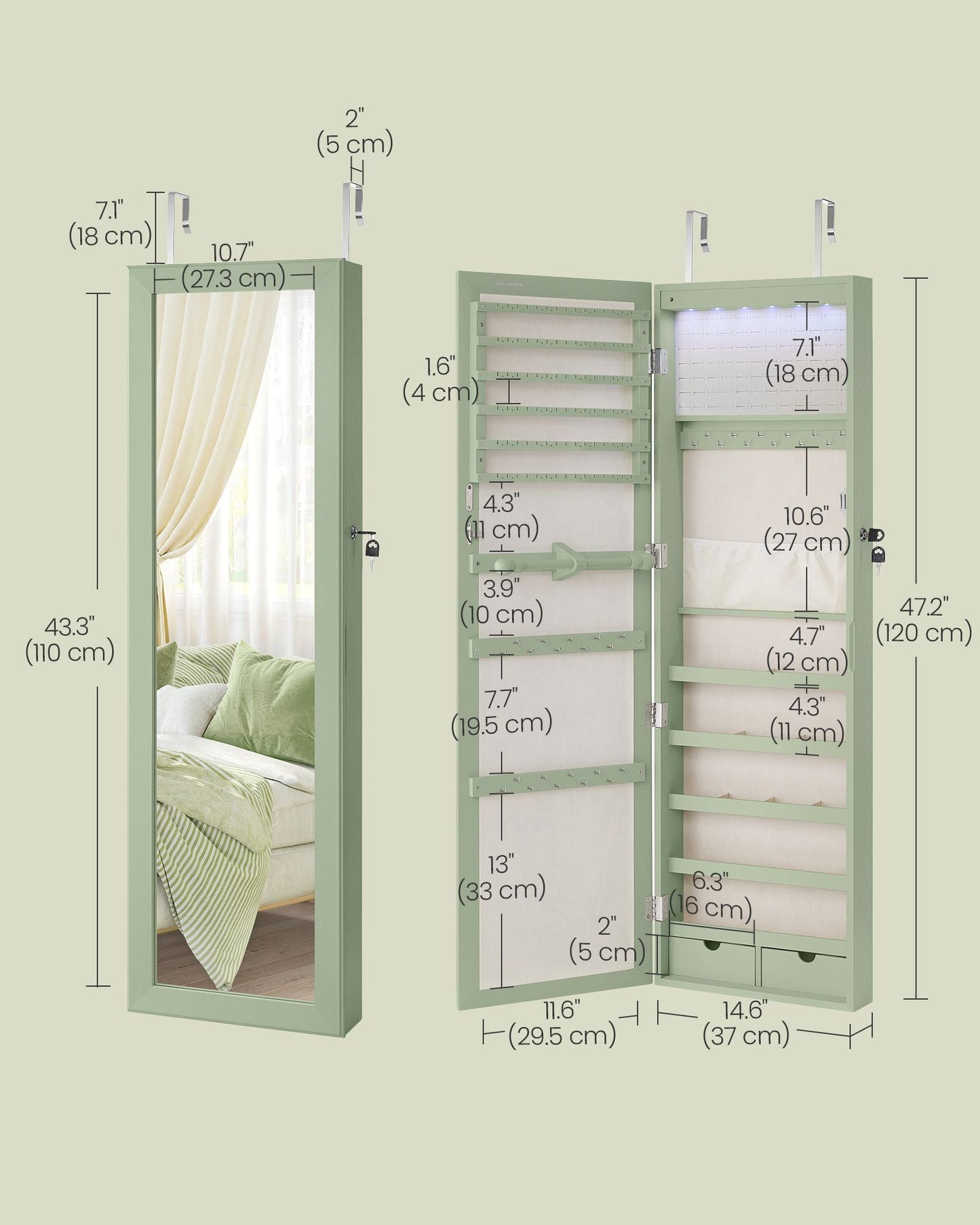 Lockable Wall or Door Mounted Jewelry Armoire Organizer with Mirror
