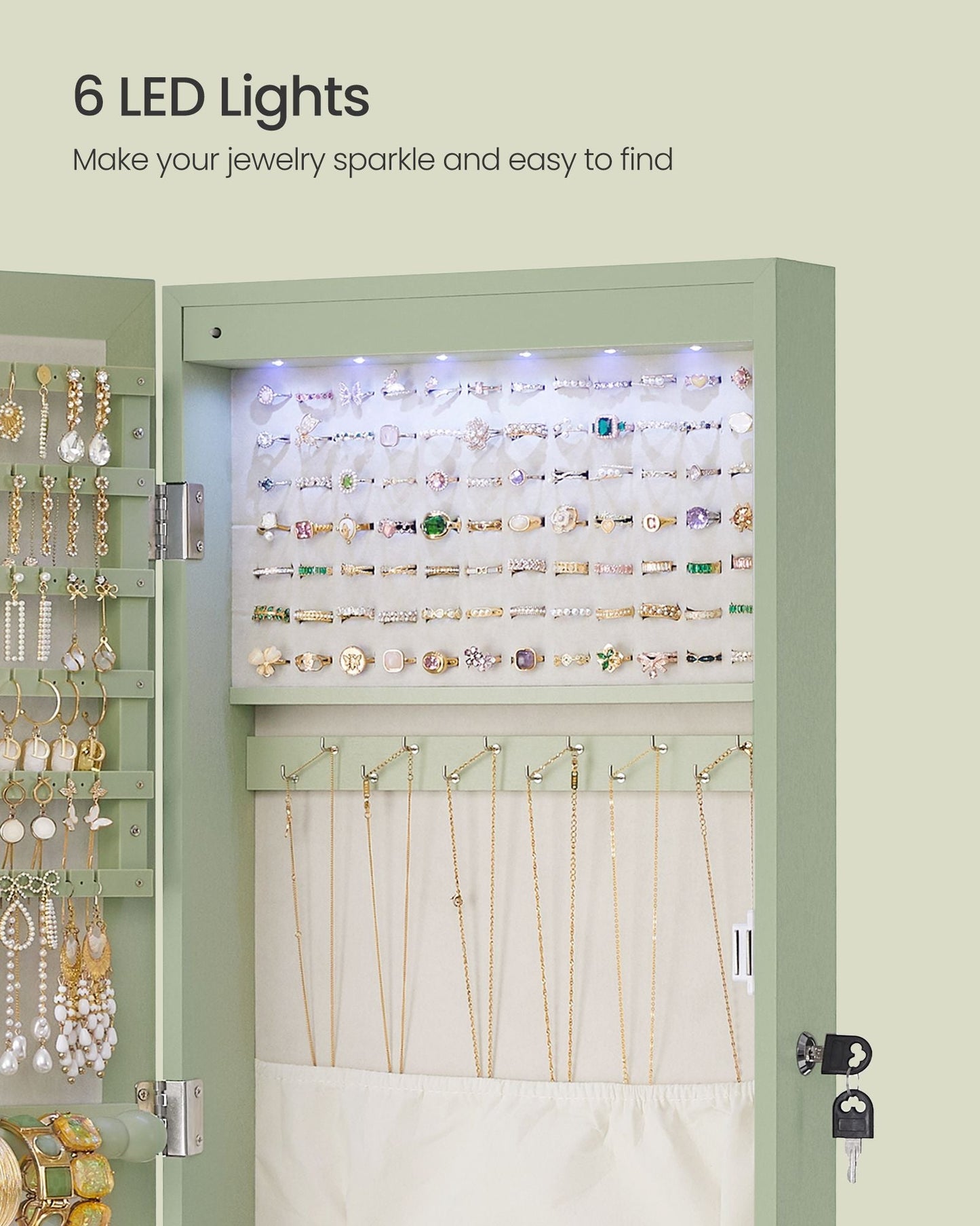 Lockable Wall or Door Mounted Jewelry Armoire Organizer with Mirror