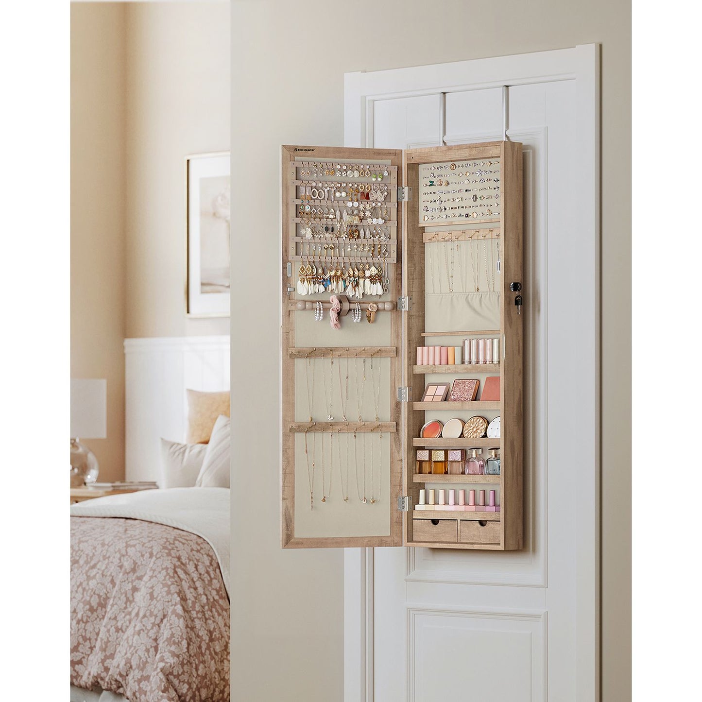 Lockable Wall or Door Mounted Jewelry Armoire Organizer with Mirror