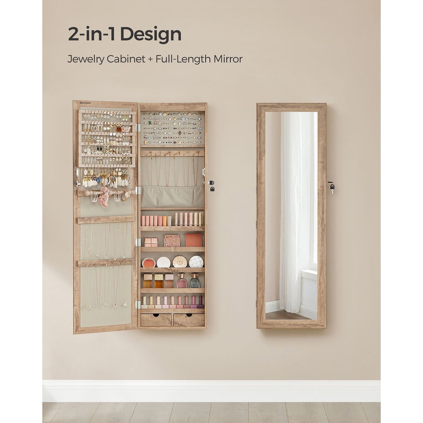 Lockable Wall or Door Mounted Jewelry Armoire Organizer with Mirror