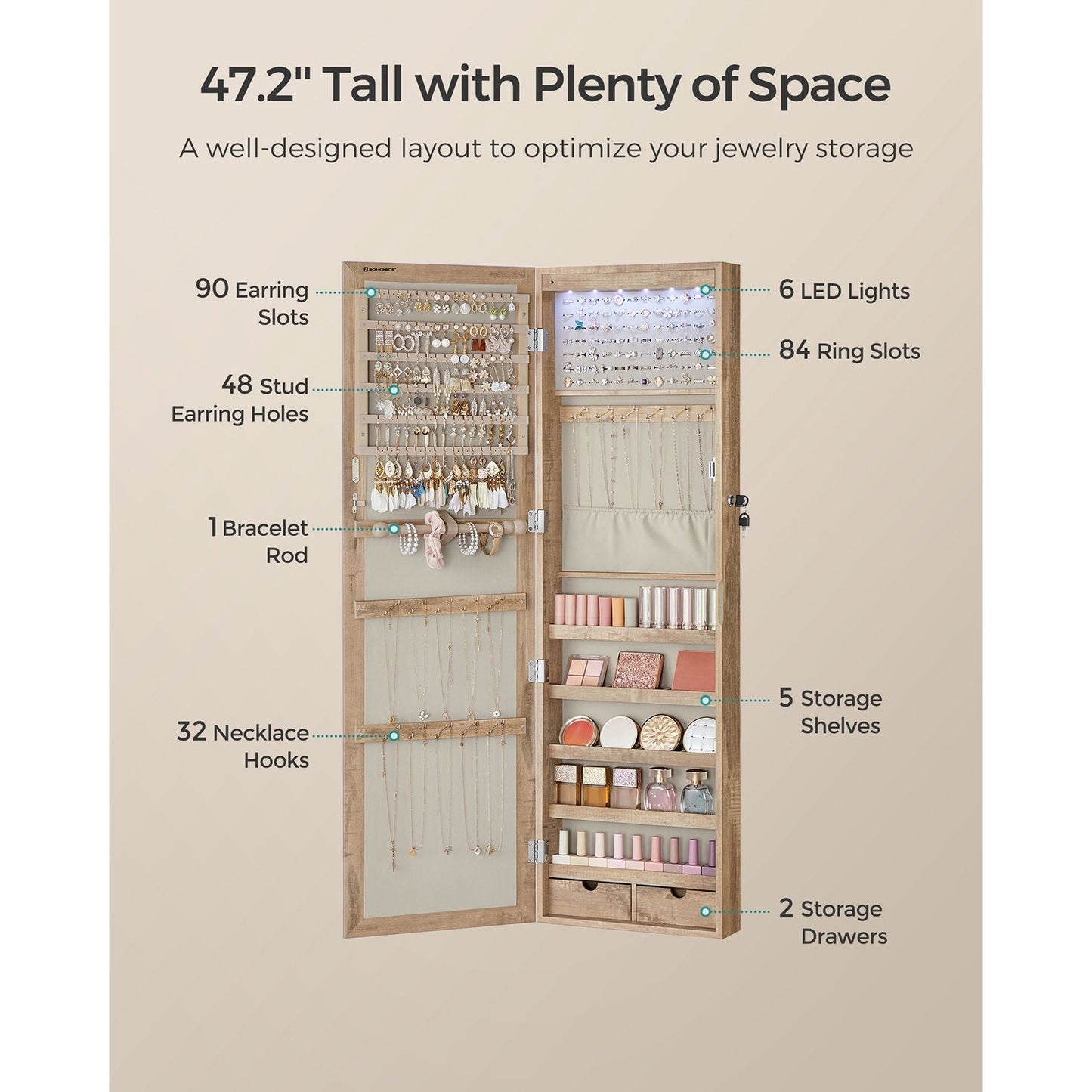 Lockable Wall or Door Mounted Jewelry Armoire Organizer with Mirror