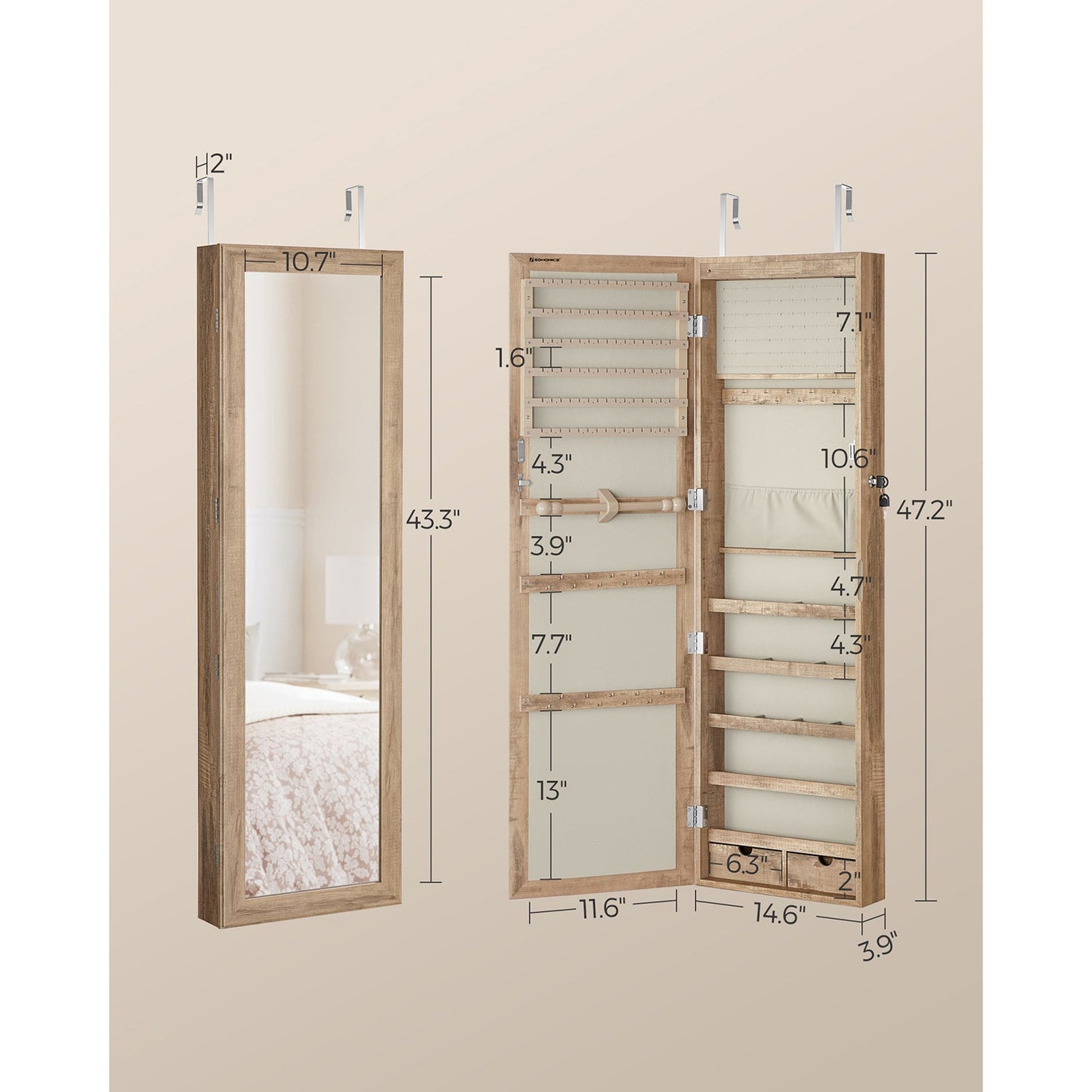 Lockable Wall or Door Mounted Jewelry Armoire Organizer with Mirror