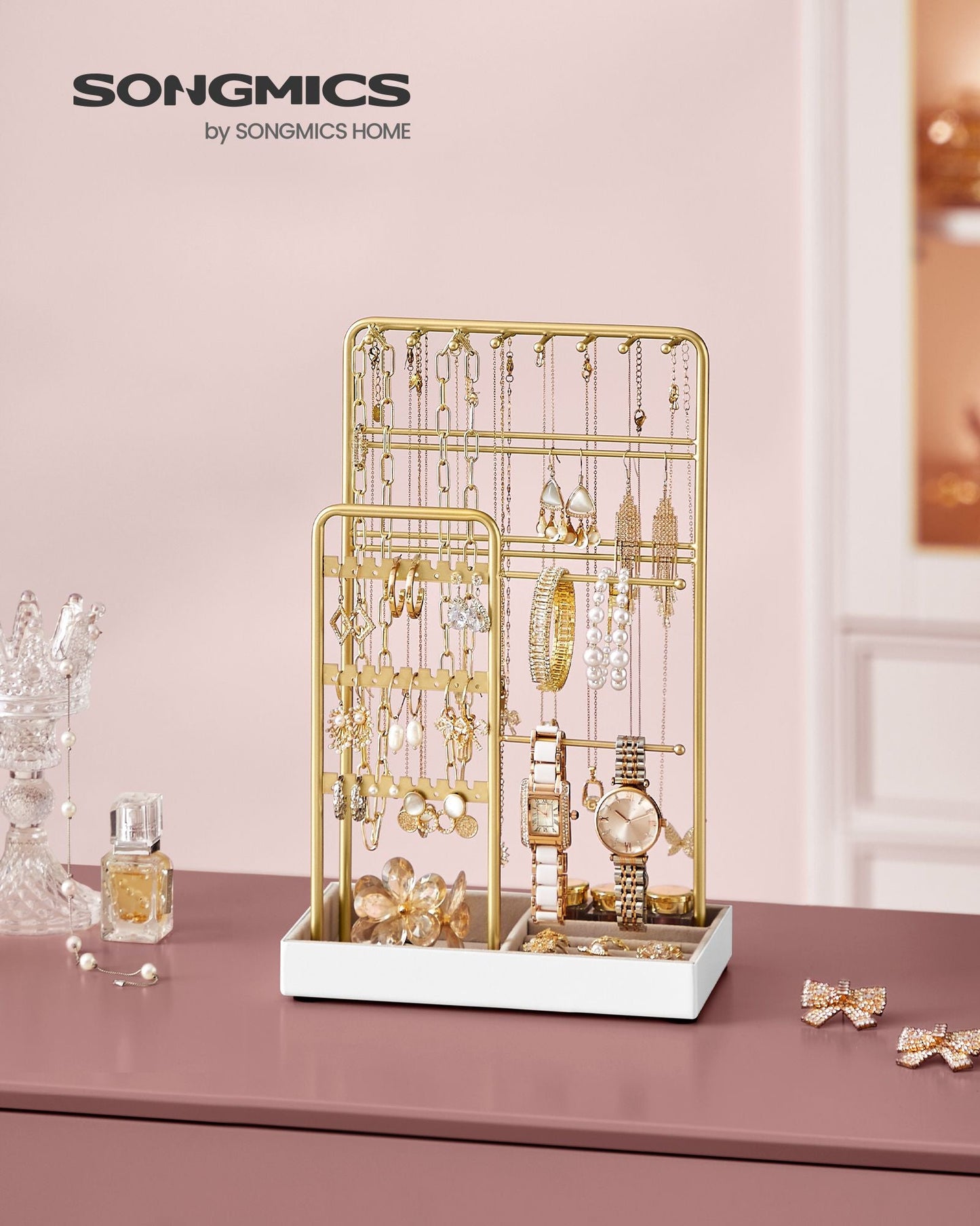 Jewelry Holder with Metal Frame and Velvet Tray