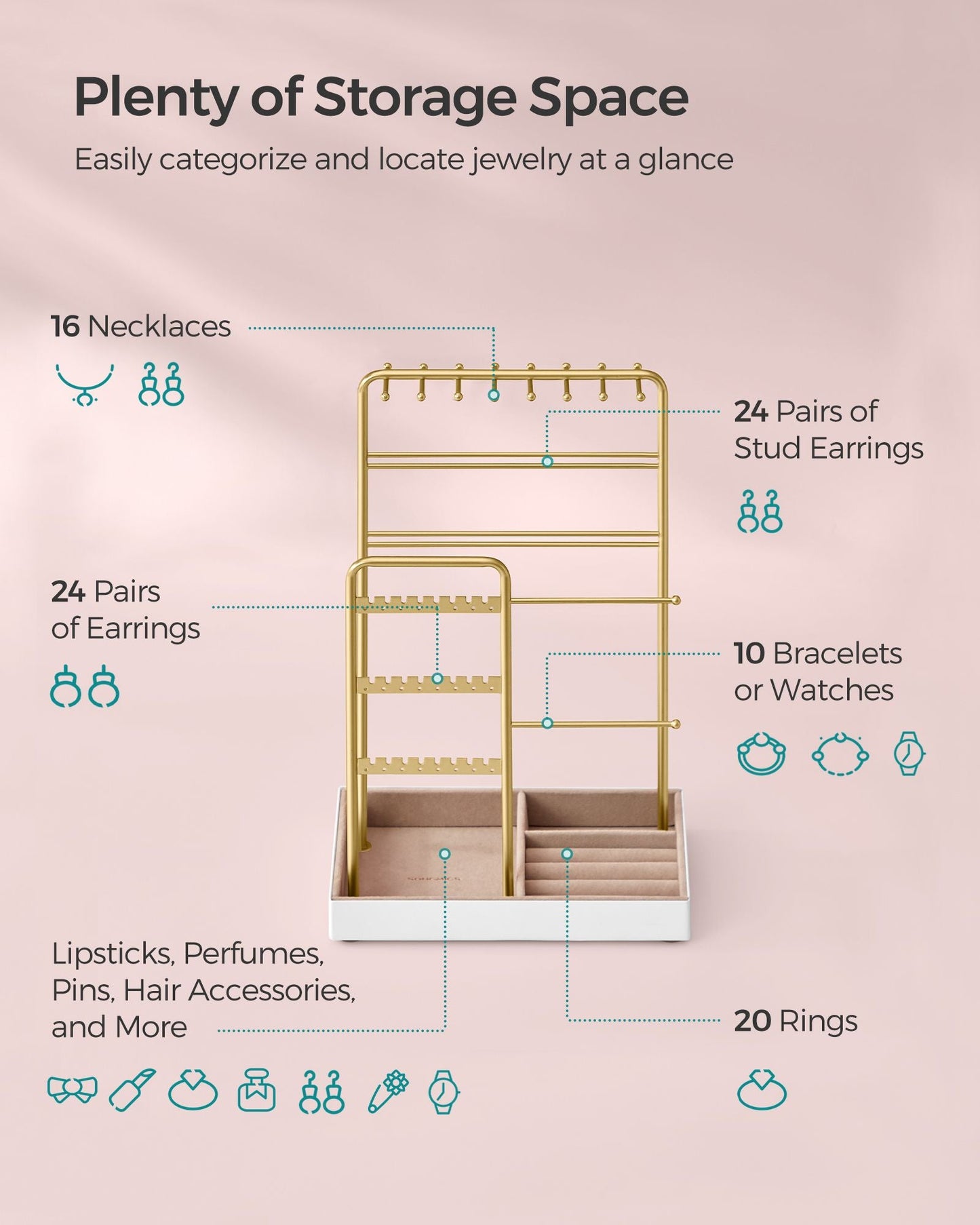 Jewelry Holder with Metal Frame and Velvet Tray