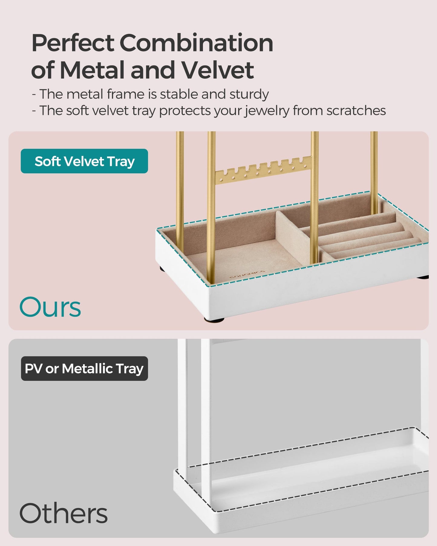 Jewelry Holder with Metal Frame and Velvet Tray