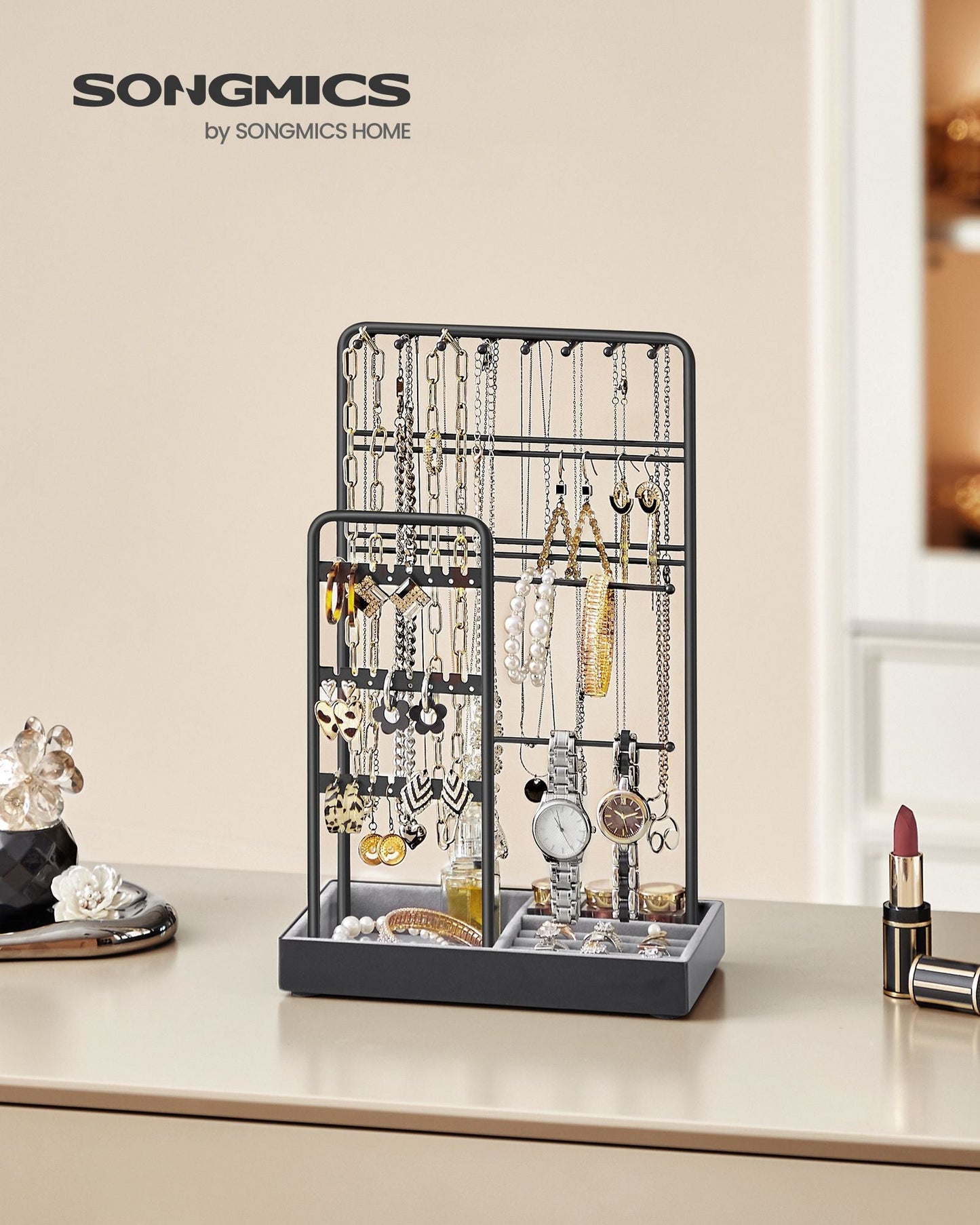 Jewelry Holder with Metal Frame and Velvet Tray