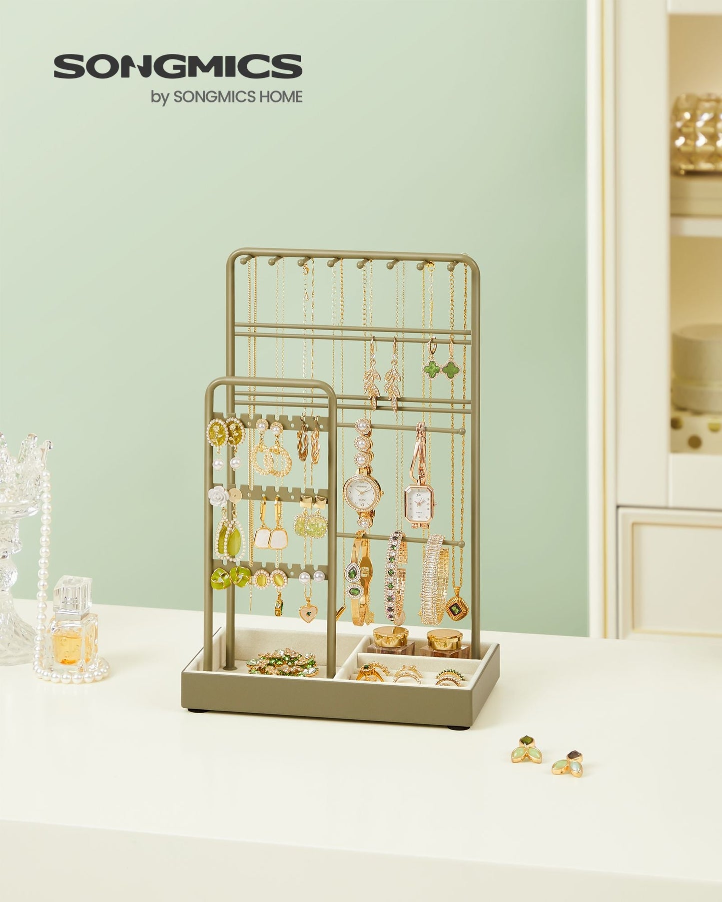 Jewelry Holder with Metal Frame and Velvet Tray