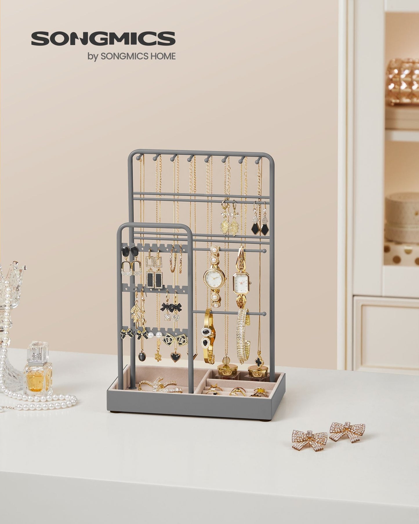 Jewelry Holder with Metal Frame and Velvet Tray