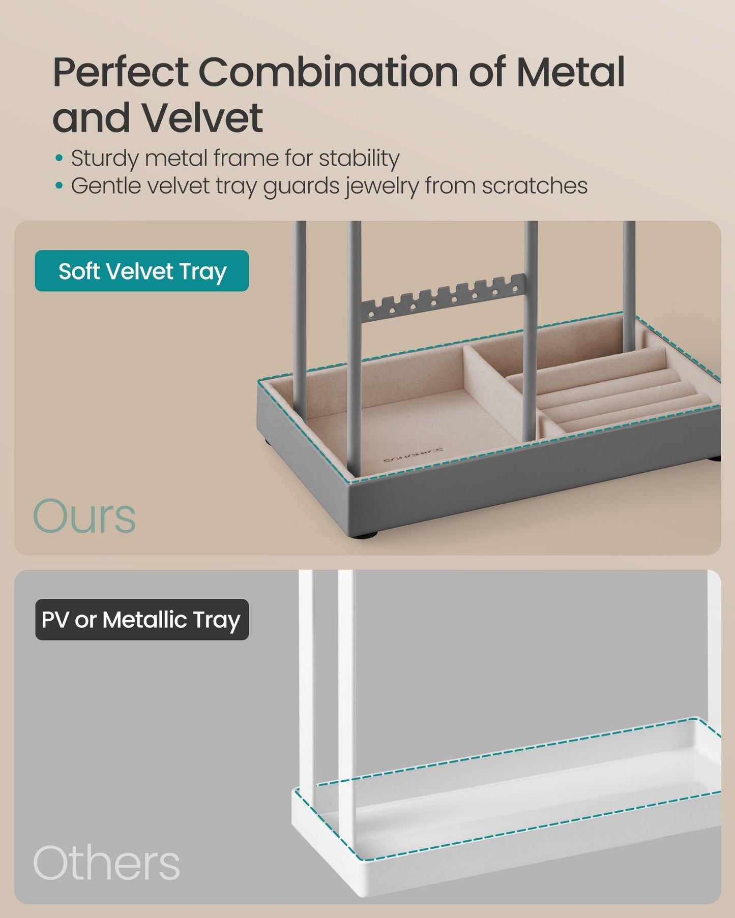 Jewelry Holder with Metal Frame and Velvet Tray