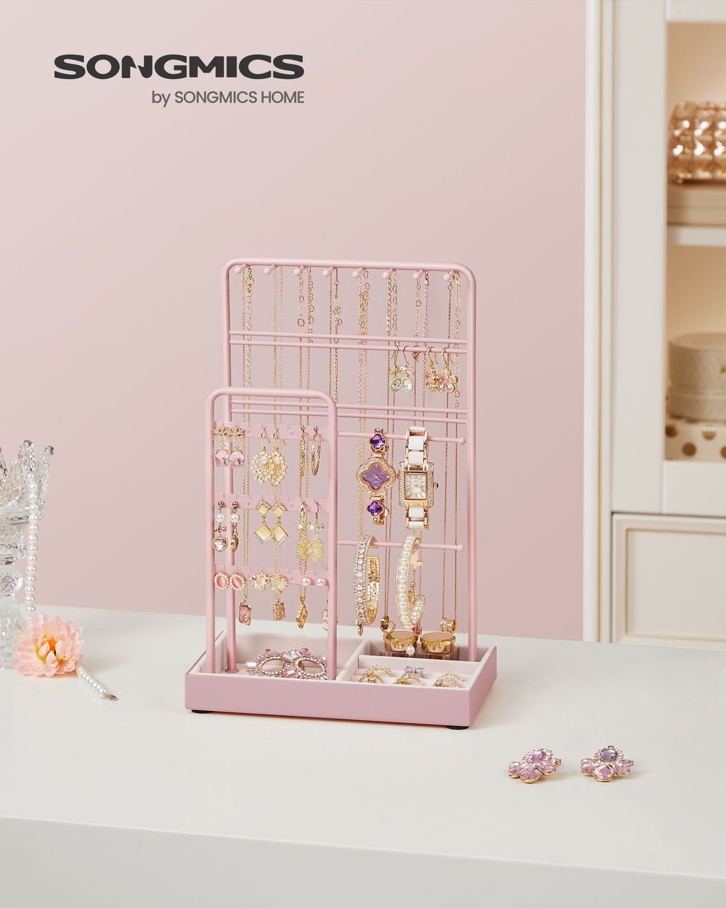 Jewelry Holder with Metal Frame and Velvet Tray