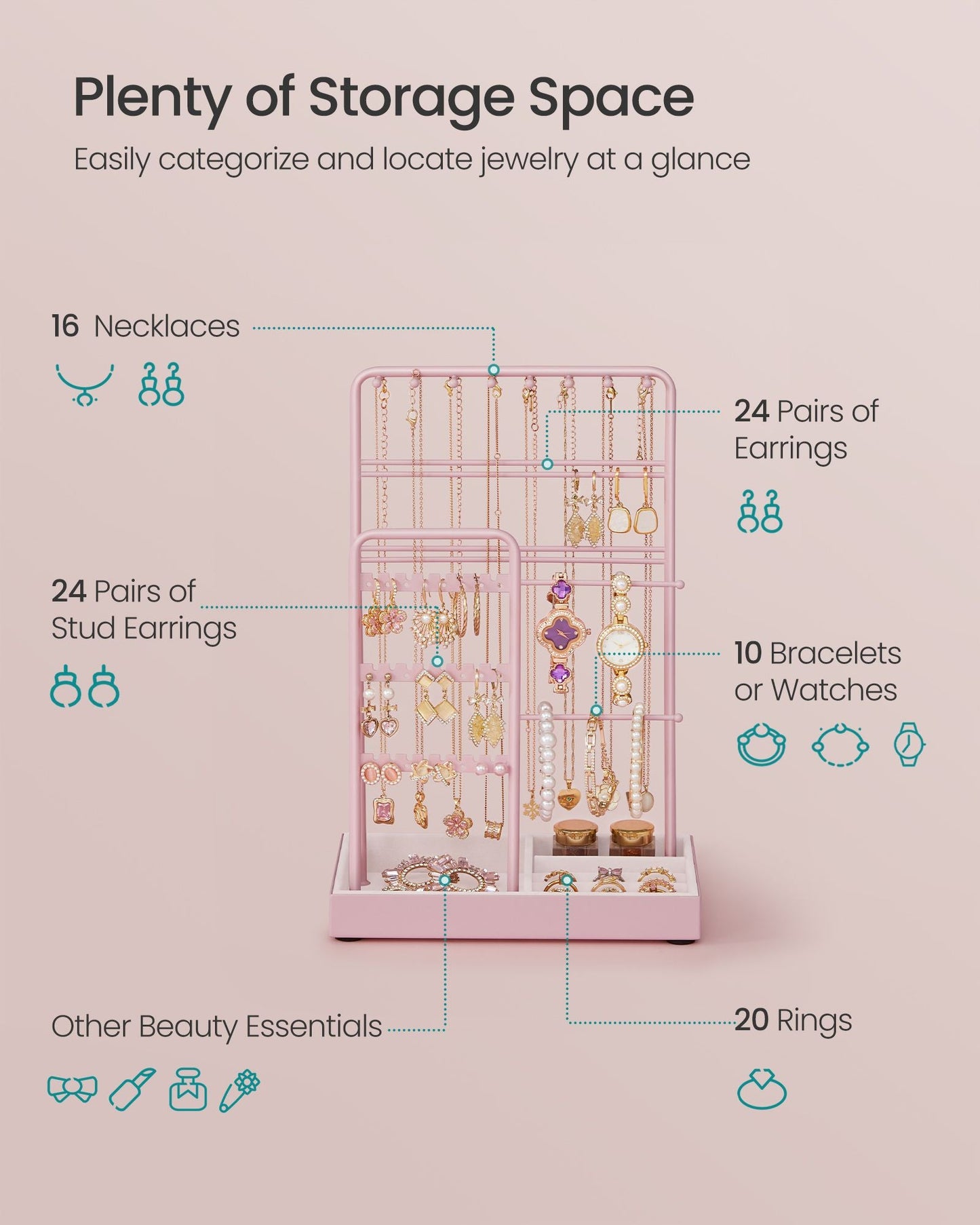 Jewelry Holder with Metal Frame and Velvet Tray