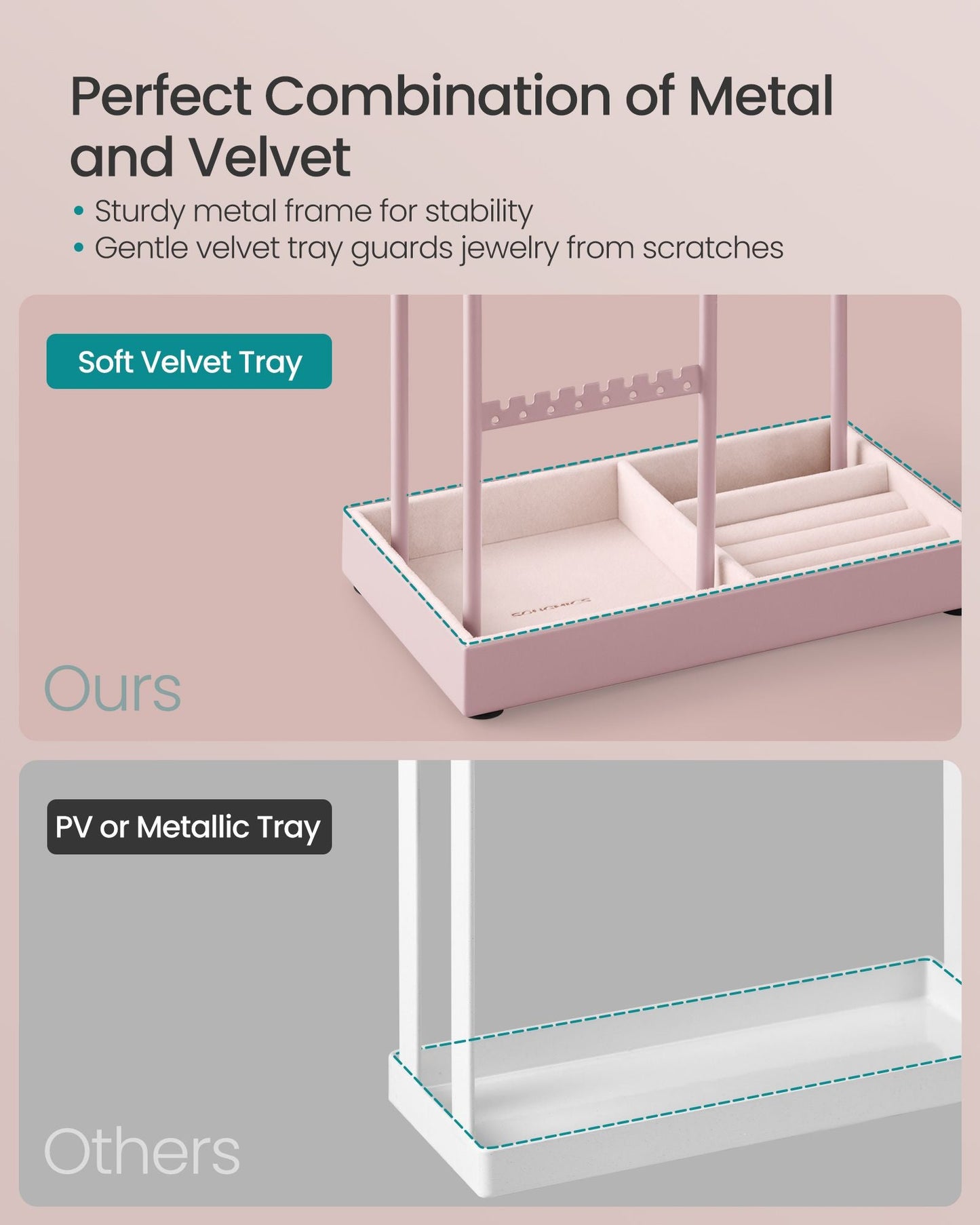 Jewelry Holder with Metal Frame and Velvet Tray