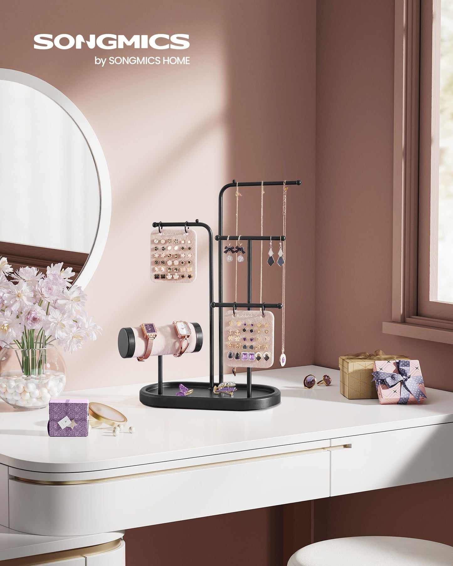 Jewelry Stand with Metal Frame, 2 Earring Boards, 4 Hanging Rods