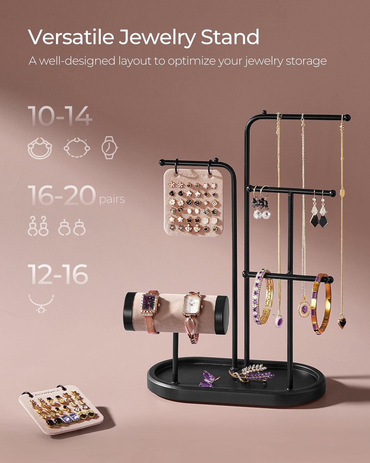 Jewelry Stand with Metal Frame, 2 Earring Boards, 4 Hanging Rods