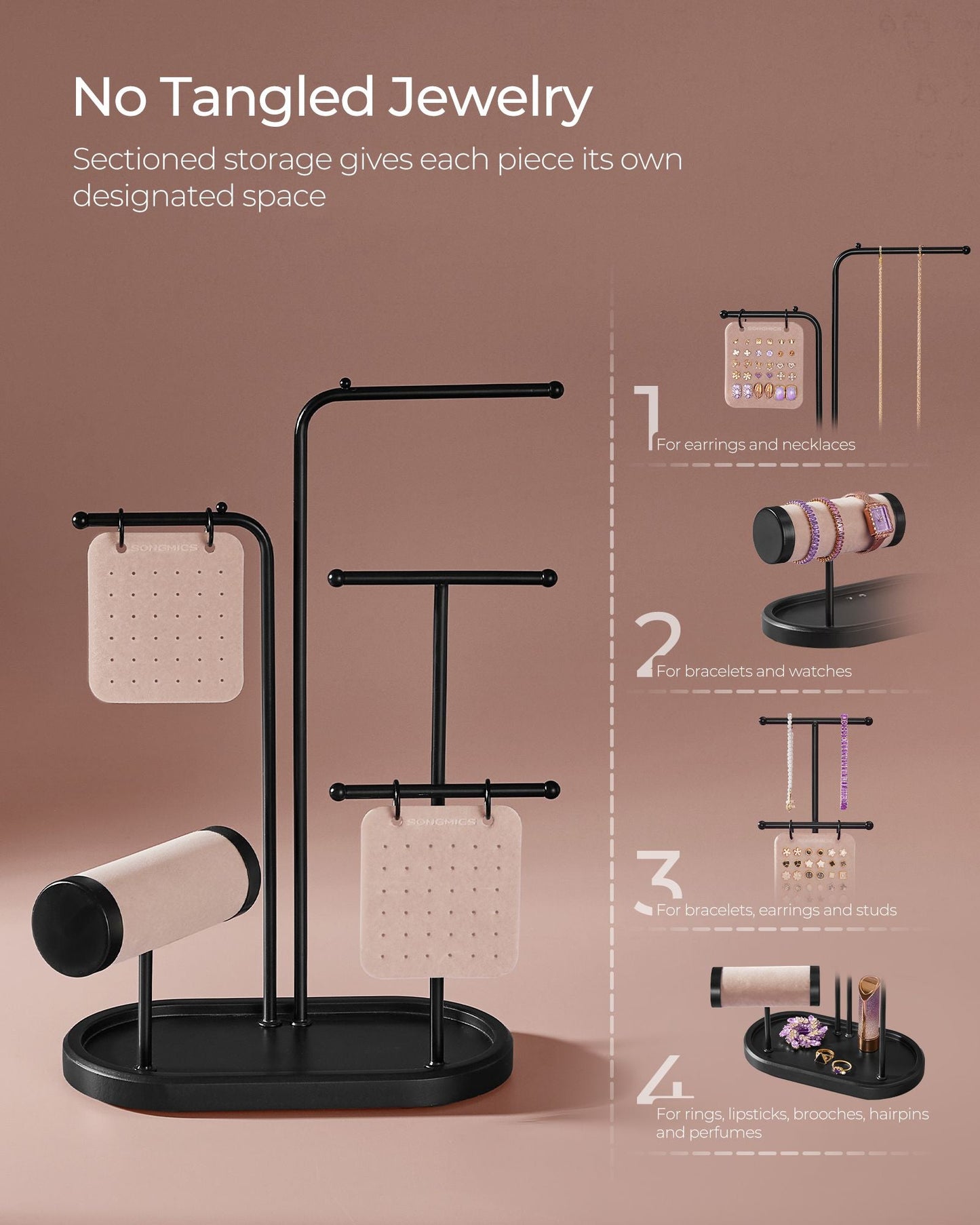 Jewelry Stand with Metal Frame, 2 Earring Boards, 4 Hanging Rods