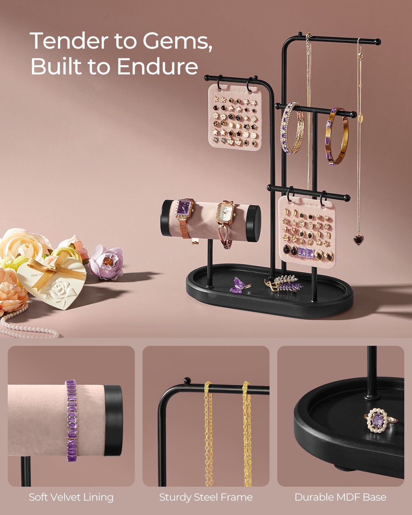 Jewelry Stand with Metal Frame, 2 Earring Boards, 4 Hanging Rods