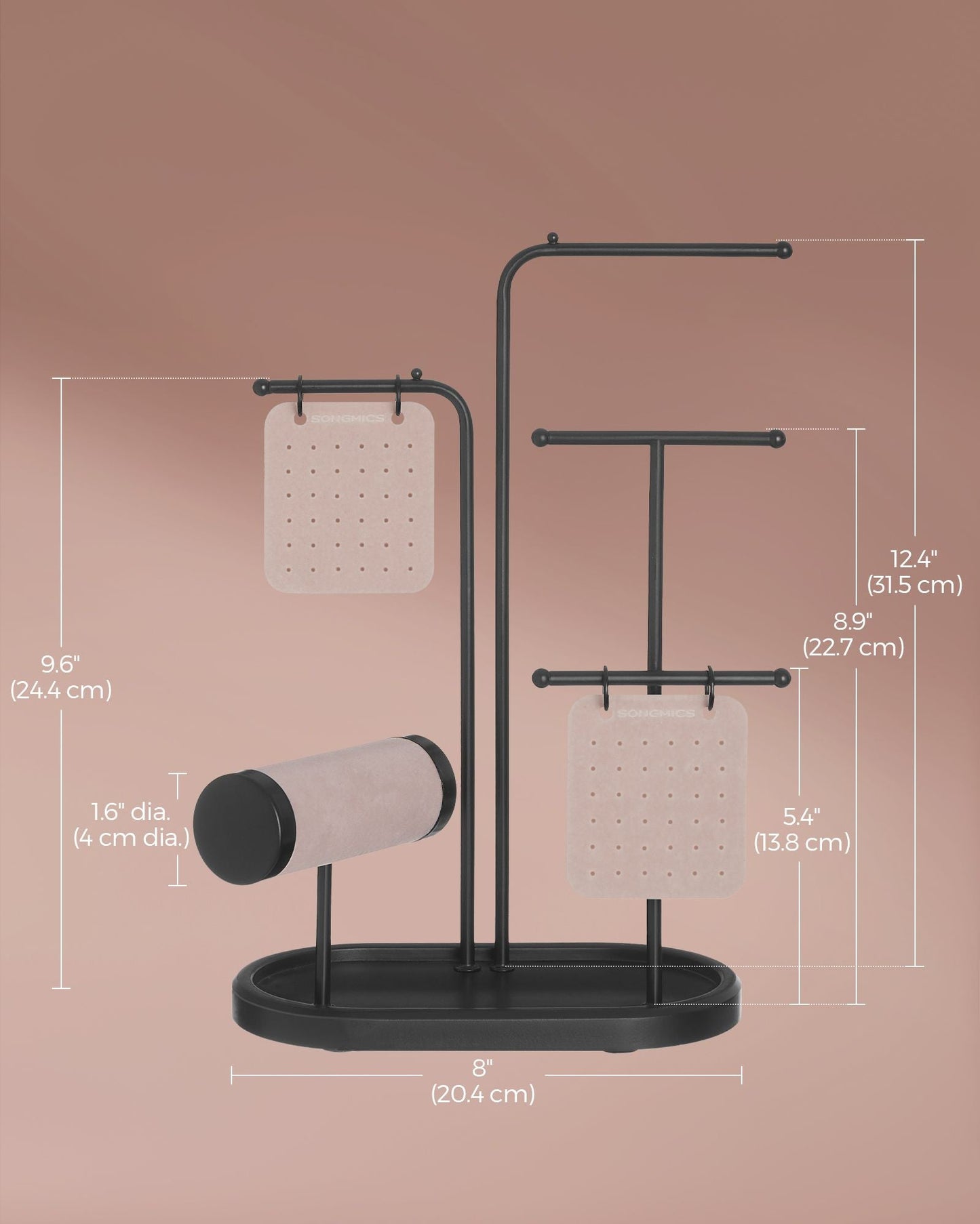 Jewelry Stand with Metal Frame, 2 Earring Boards, 4 Hanging Rods
