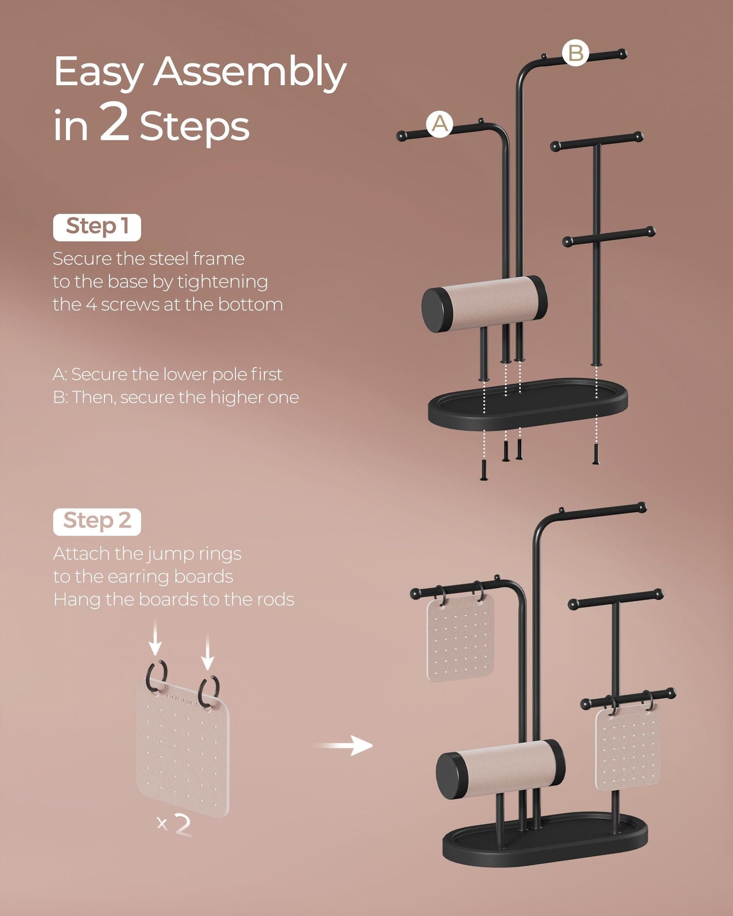 Jewelry Stand with Metal Frame, 2 Earring Boards, 4 Hanging Rods