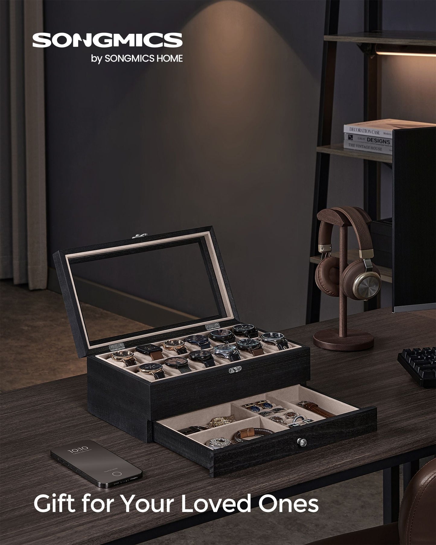 12-Slot Watch Box with Large Glass Lid