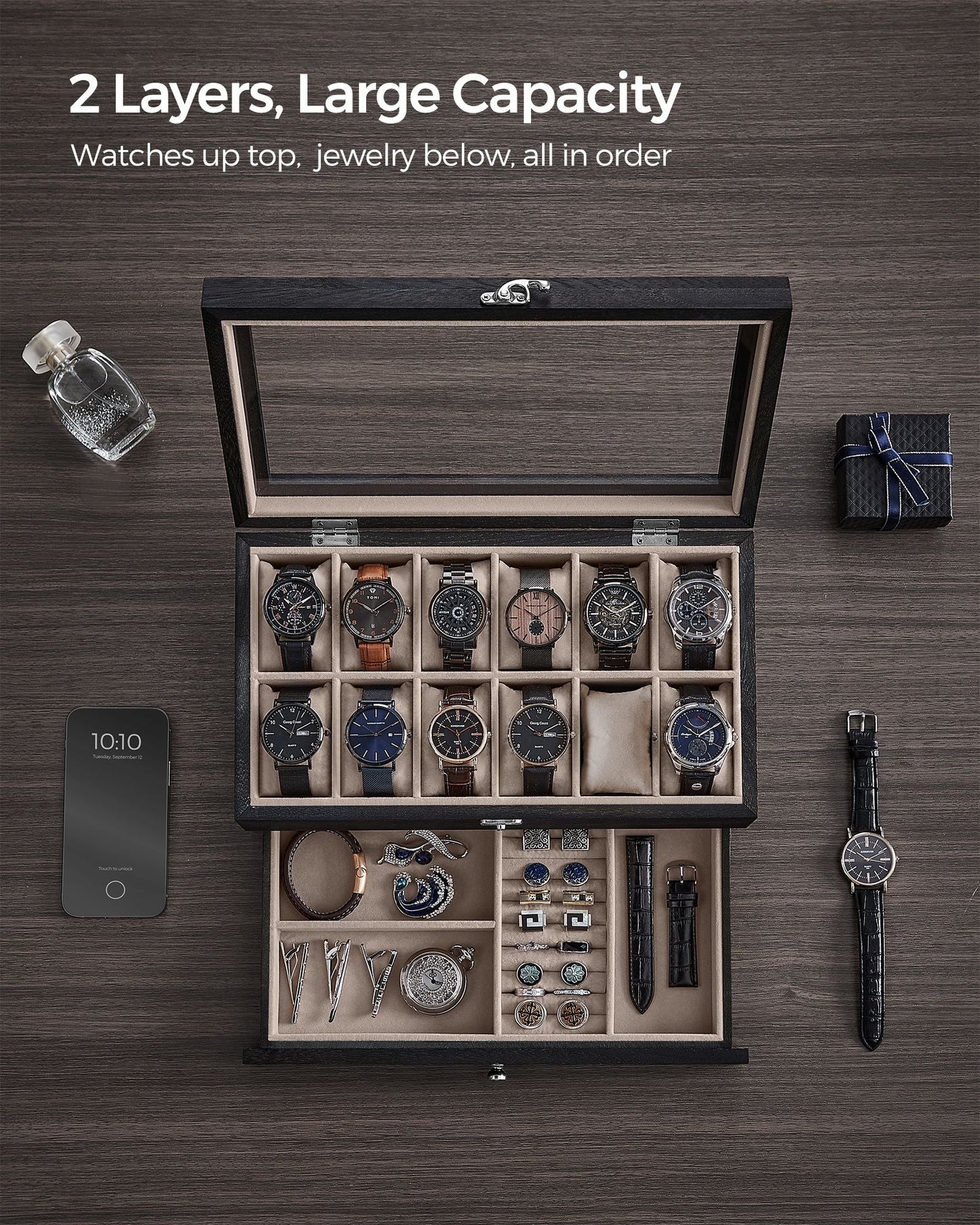 12-Slot Watch Box with Large Glass Lid