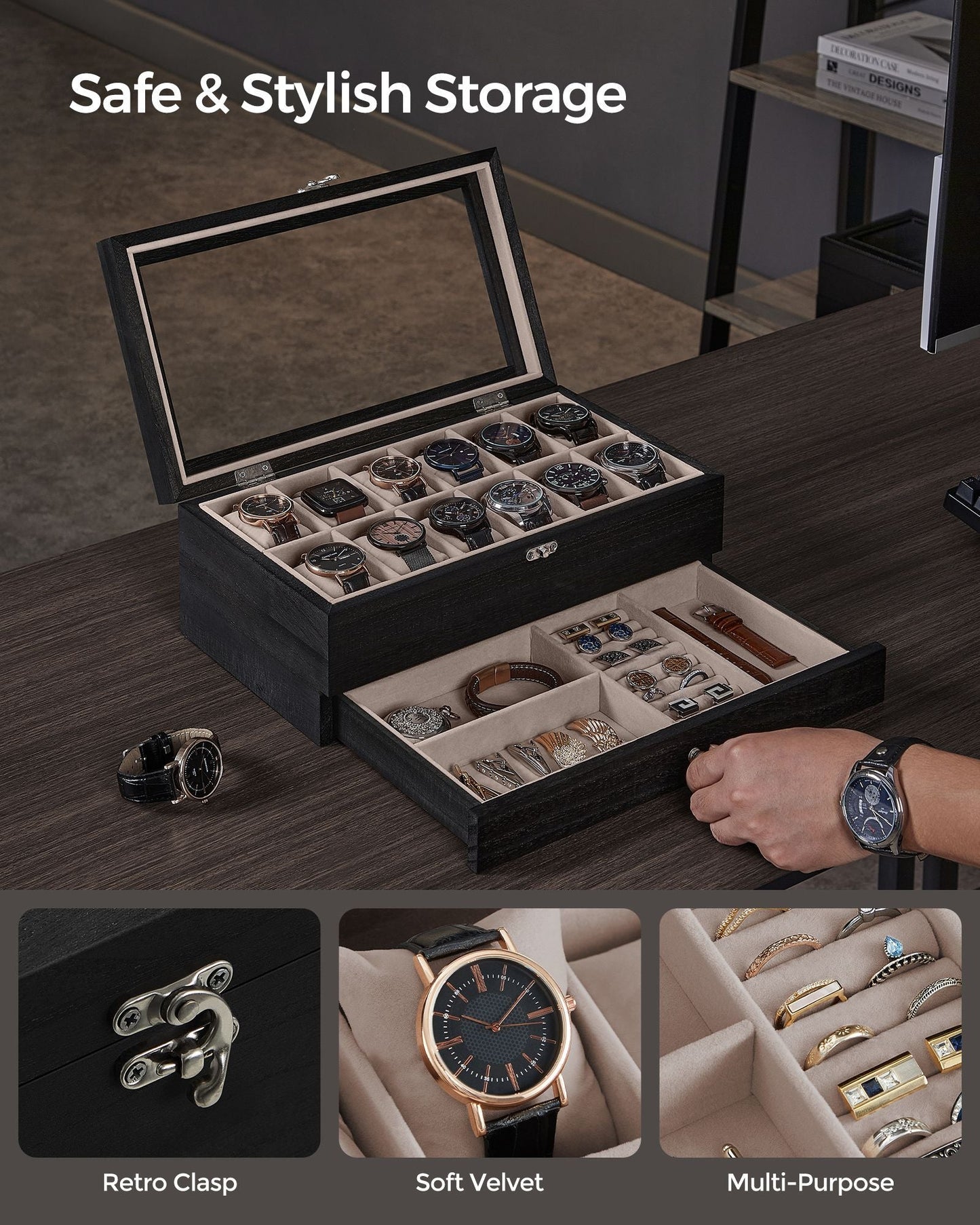 12-Slot Watch Box with Large Glass Lid