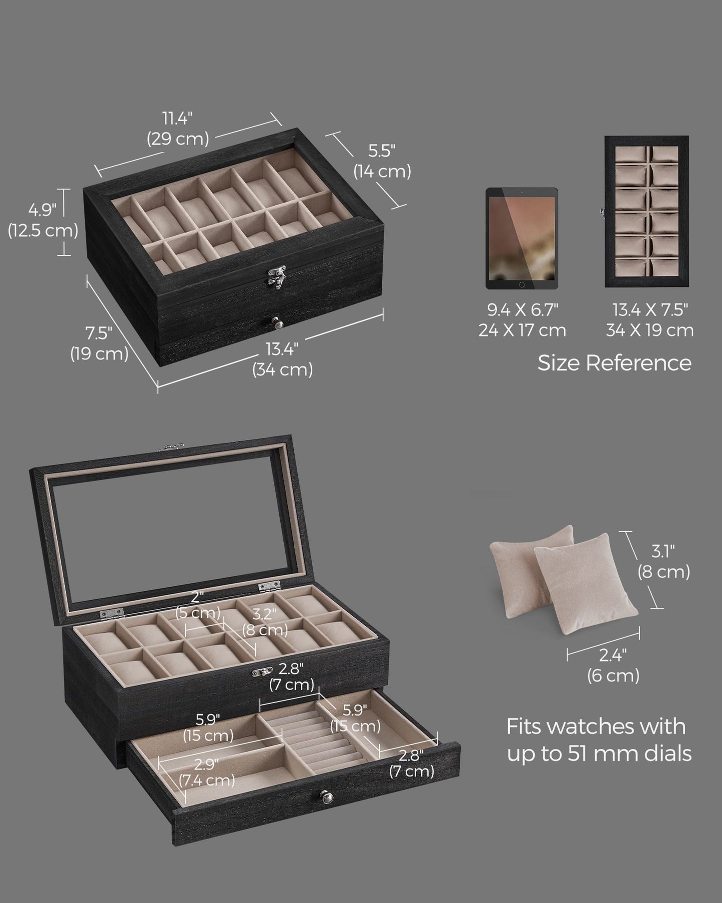 12-Slot Watch Box with Large Glass Lid