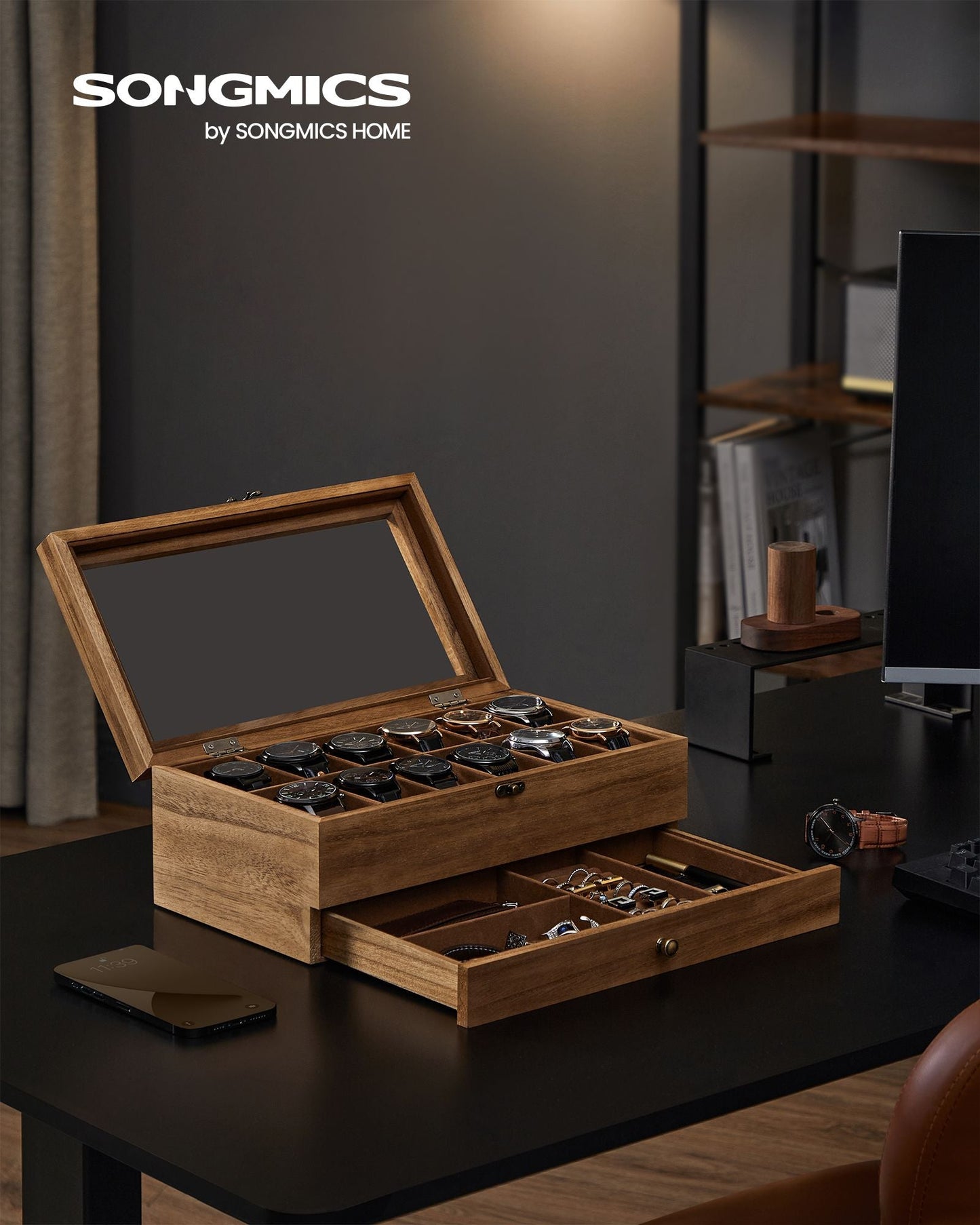 12-Slot Watch Box with Large Glass Lid