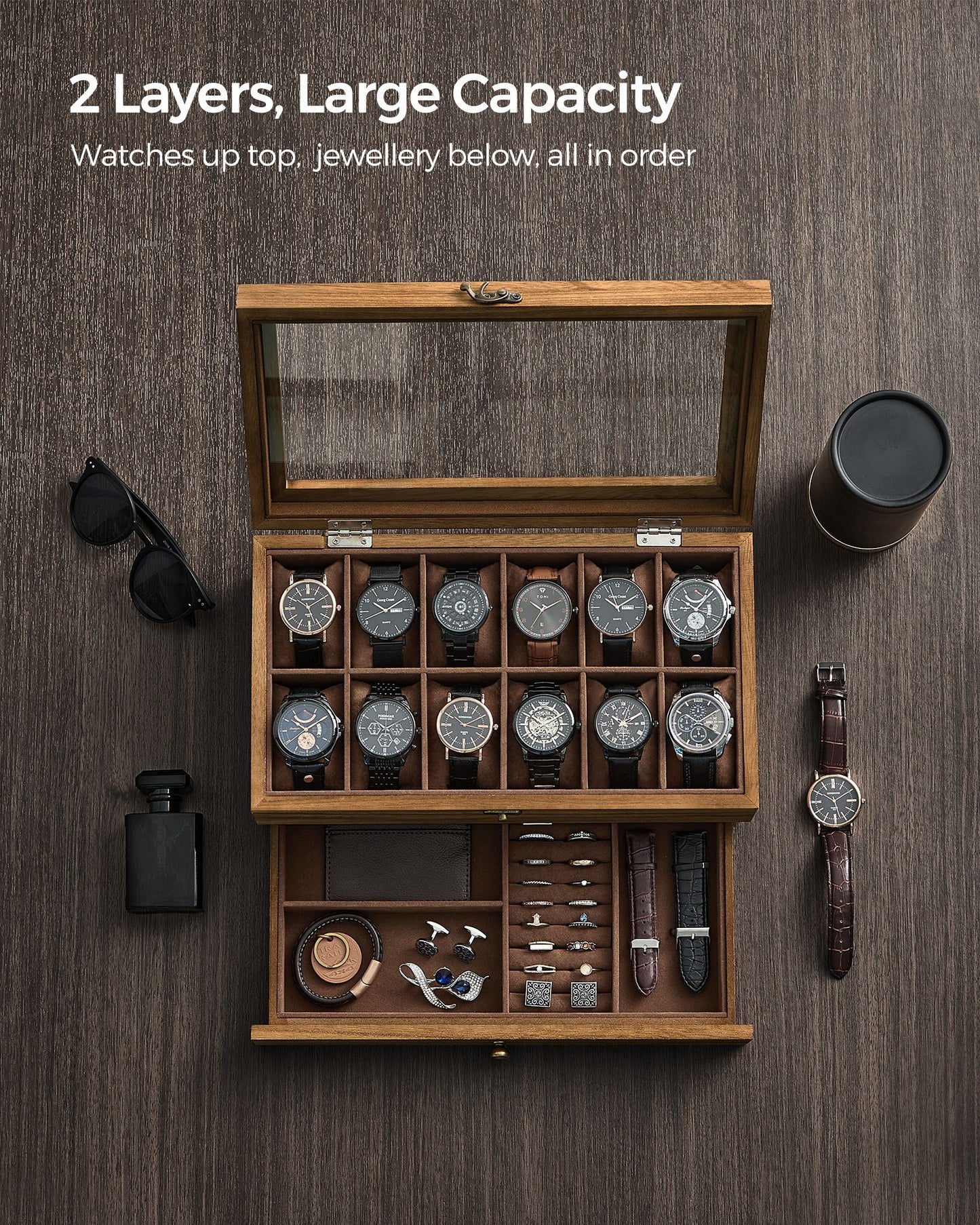 12-Slot Watch Box with Large Glass Lid