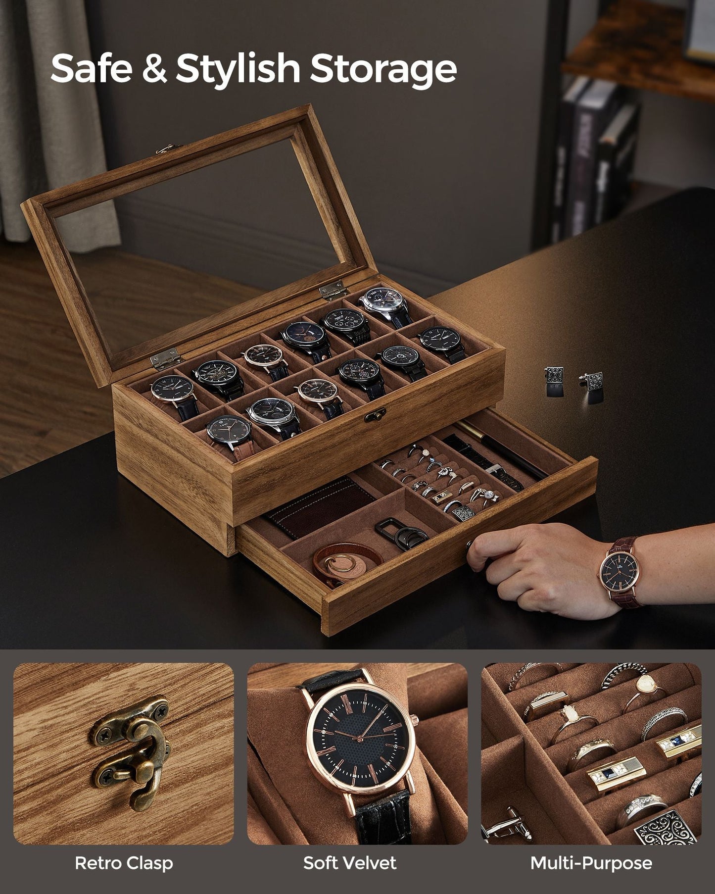 12-Slot Watch Box with Large Glass Lid