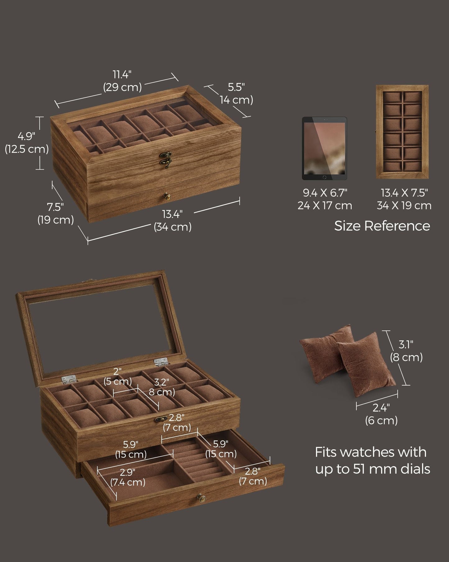 12-Slot Watch Box with Large Glass Lid