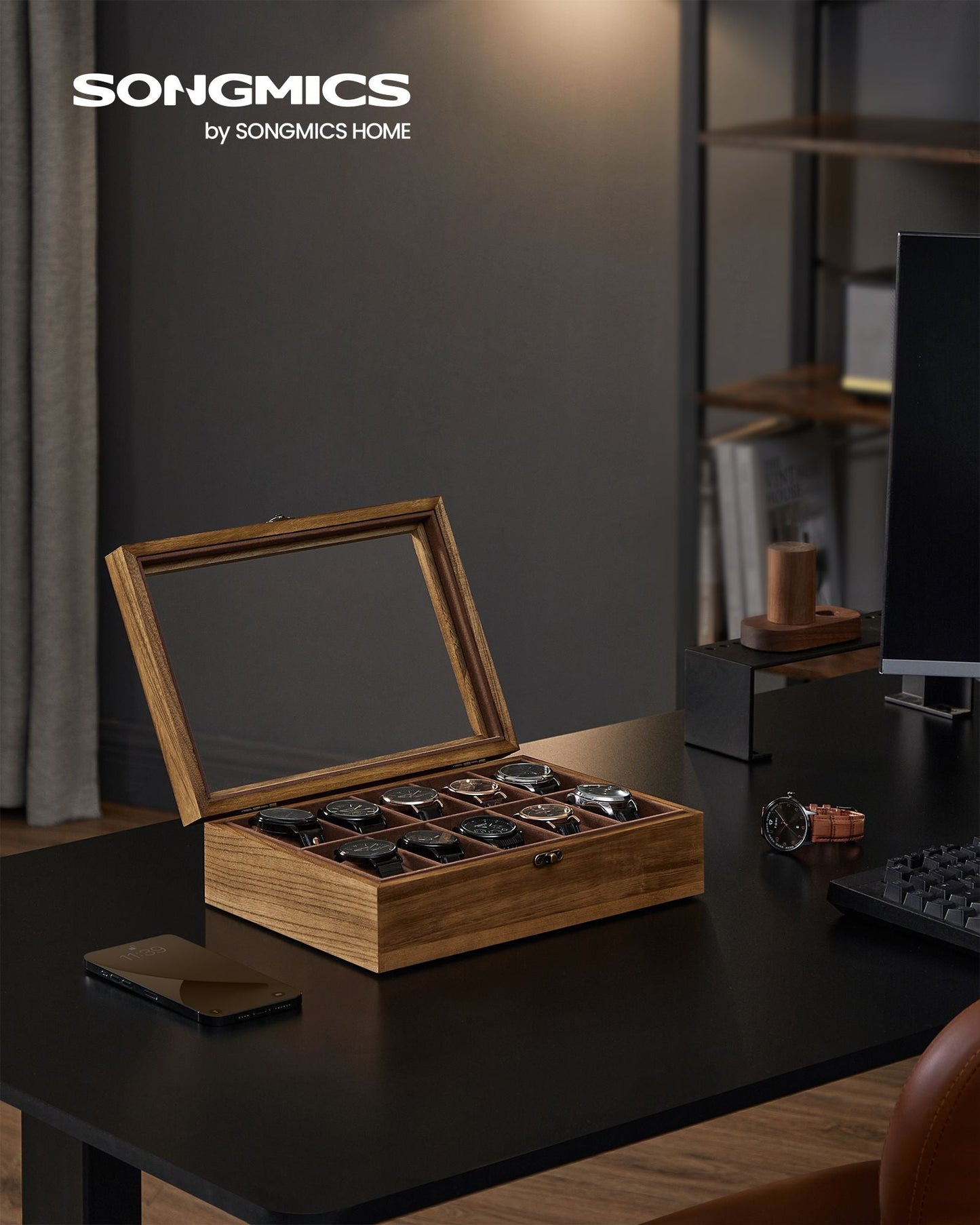 10-Slot Solid Wood Watch Box with Glass Lid